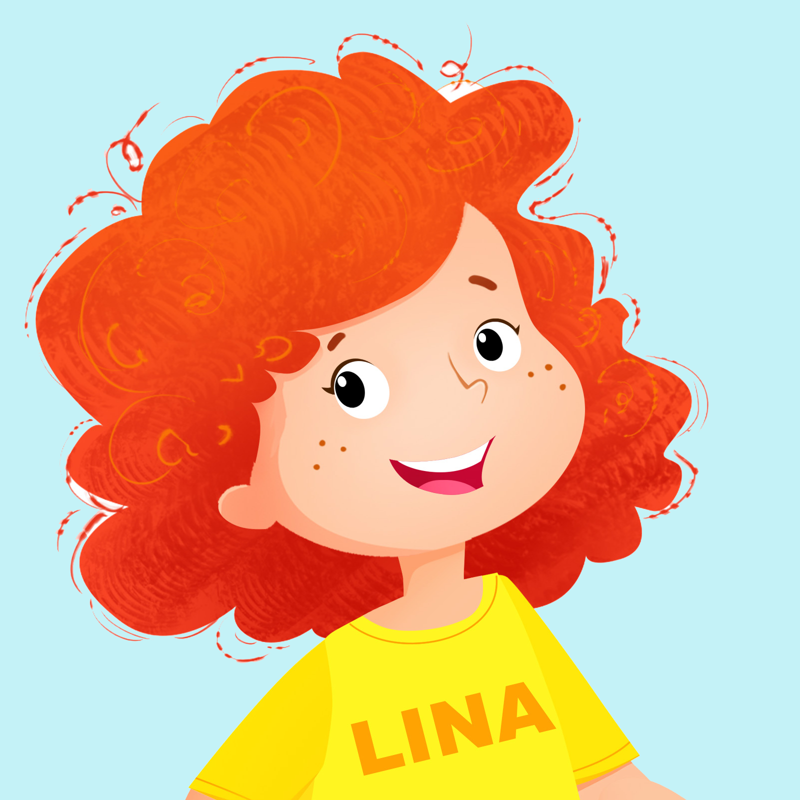 Ilustracja przedstawia Linę. Dziewczynka ma rude włosy i ubrana jest w żółta koszulkę.