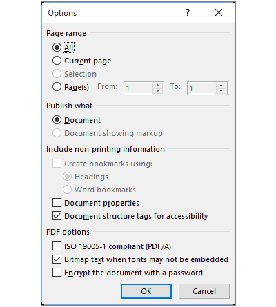 Zrzut ekranu przedstawia okno opcji eksportu/zapisu pliku do formatu PDF. Na belce formatki tytuł: Options. Pierwsza sekcja Page range pozwala zaznaczyć radiobuttonem jedną z opcji: All, Current page, Selection, Pages (From [lista z liczbami] To [lista z liczbami]). Niżej sekcja Publish what, gdzie możemy wybrać radiobuttony Document lub Document showing markup. Możemy tutaj również wybrać opcje dodatkowe oznaczone checkboxami: Create bookmarks using (Headings lub Word bookmarks), Document properties, Document structire tags for accessibility. Ostatnia z sekcji nosi nazwę PDF options. Można tutaj wybrać opcje za pomocą checkoxów: ISO 19005-1 compliant (PDF/A), Bitmap text when fonts may not be embedded, Encrypt the document with a password. Na dole dwa przyciski OK oraz Cancel.  