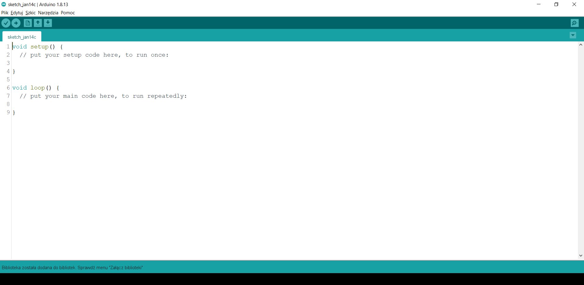 Zdjęcie ekranu przedstawia otwarte okno arduino IDE, w którym znajdują się dwie puste funkcje zwracające void: setup oraz loop.