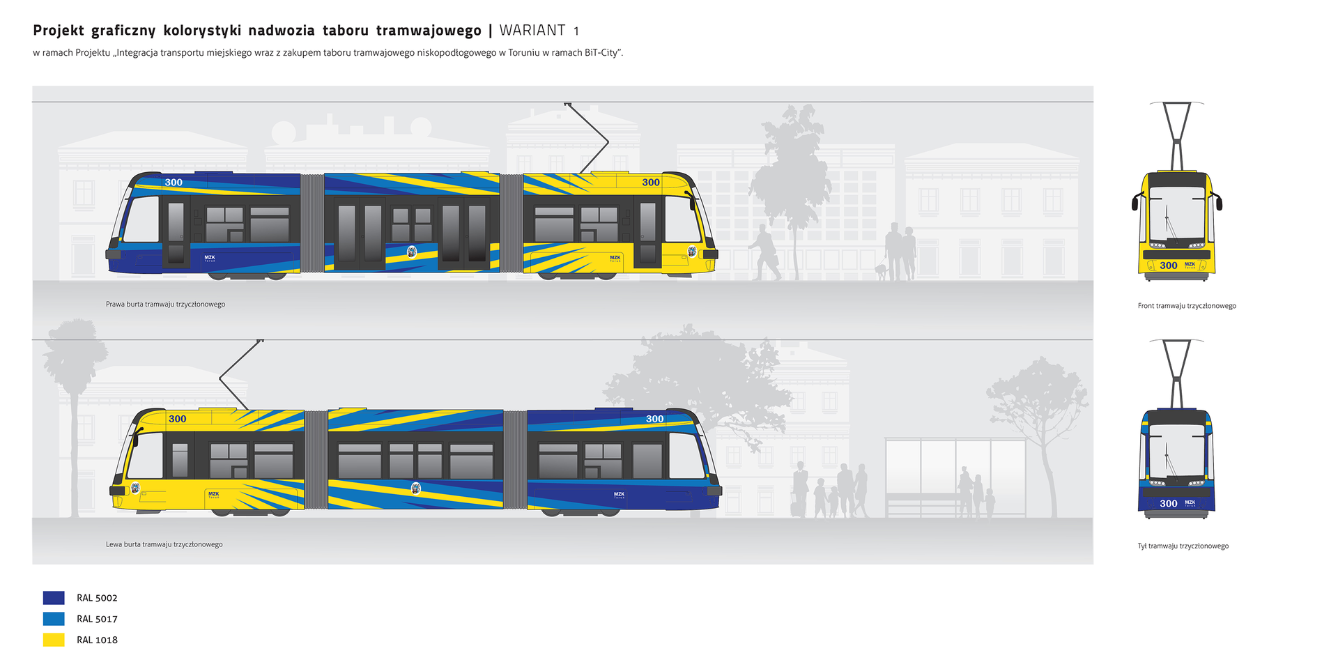Ilustracja przedstawia projekt graficzny kolorystyki nadwozia taboru tramwajowego.