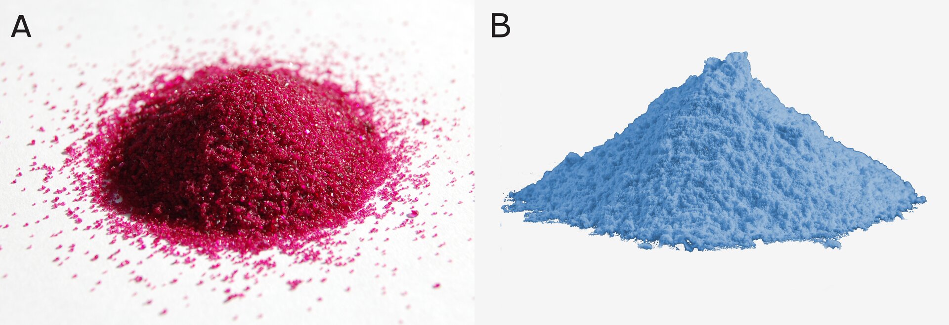 Dwa zdjęcia. Na zdjęciu A są czerwone, drobne granulki. Na zdjęciu B jest jasnoniebieski proszek.