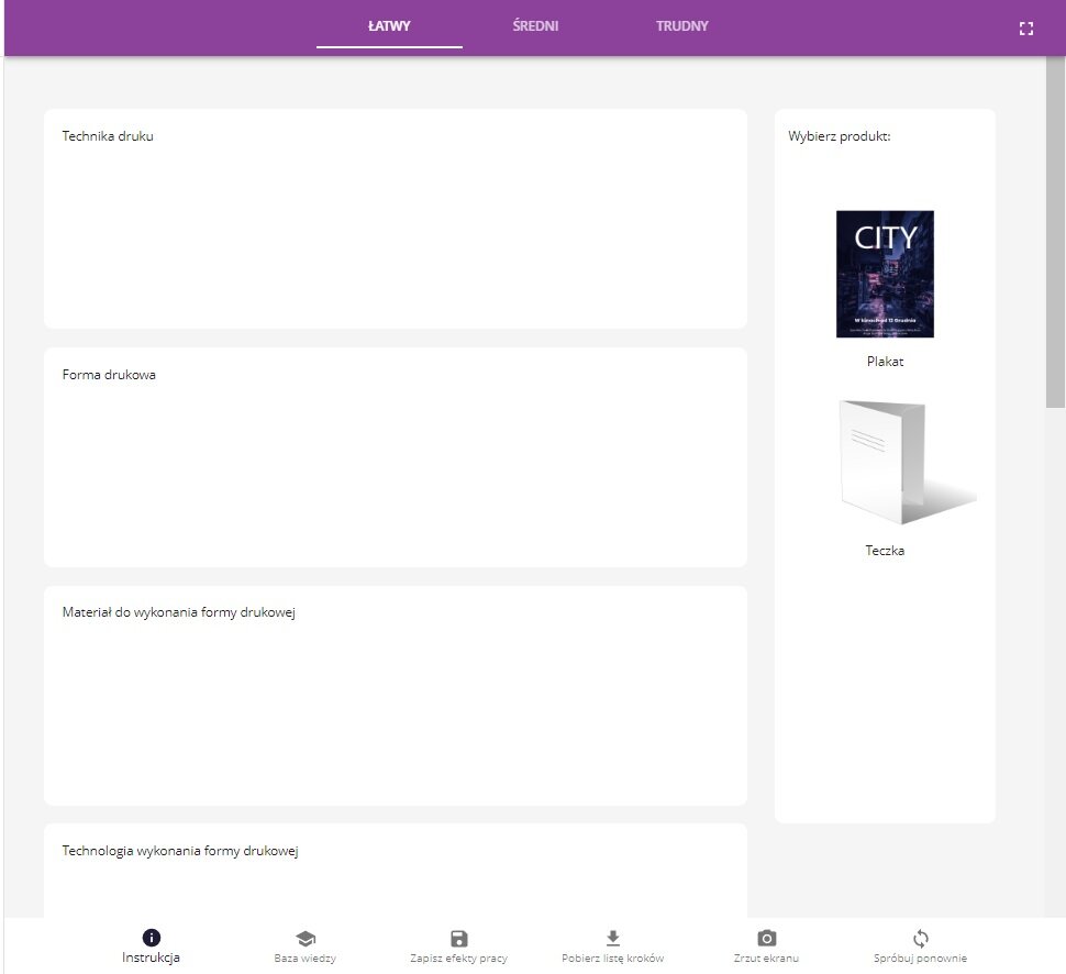 Widok ekranu programu ćwiczeniowego do projektowania przez dobieranie. Widoczny jest przykładowy ekran programu ćwiczeniowego z fioletowym poziomym paskiem menu u góry. Poniżej widoczne są białe pola z nazwami zadań do wykonania. Po prawej stronie widoczne jest pole z podglądem wykonywanego zadania.