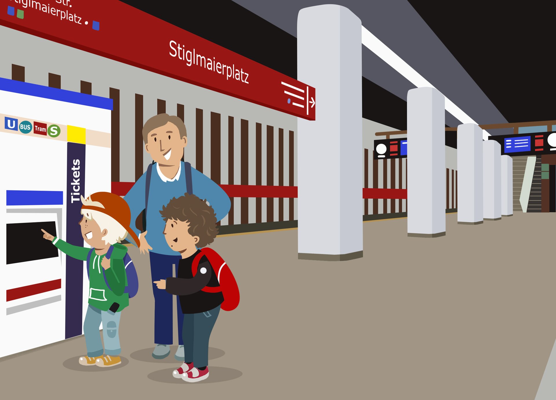 Fabian, Felix und der Vater von Fabian kaufen die Fahrkarten am Automaten.