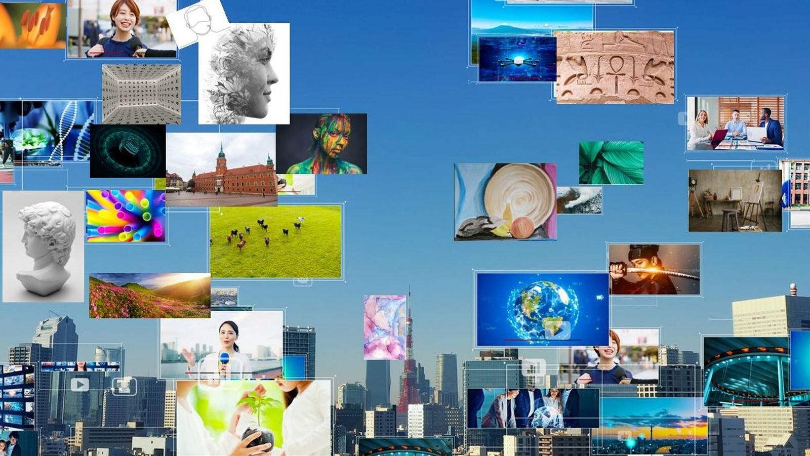 Zdjęcie przedstawia fotokolaż zrobiony na bazie zdjęcia wielkiego miasta. Na całej jego powierzchni, zwłaszcza na niebie, które zajmuje 2/3 obrazu zostały nieregularnie umieszczone zdjęcia rzeźb, malarstwa, fotografii i innych dziedzin sztuki. Wszystkie mają podobne formaty, są porozrzucanymi po obrazie prostokątami.