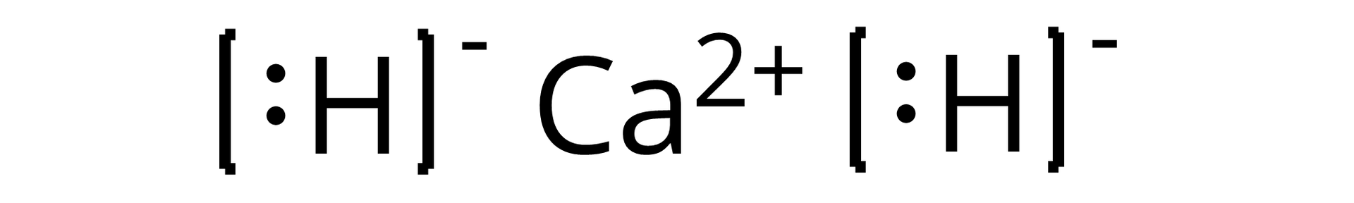 Ilustracja przedstawiająca wzór strukturalny wodorku wapnia zbudowanego z kationu wapnia Ca2+, otoczonego z dwóch stron przez dwa aniony wodorowe reprezentowane przez symbol wodoru H z narysowaną parą elektronową w postaci dwóch kropek, który to znajduje się w nawiasie kwadratowym, względem którego w indeksie górnym znajduje się znak minus.