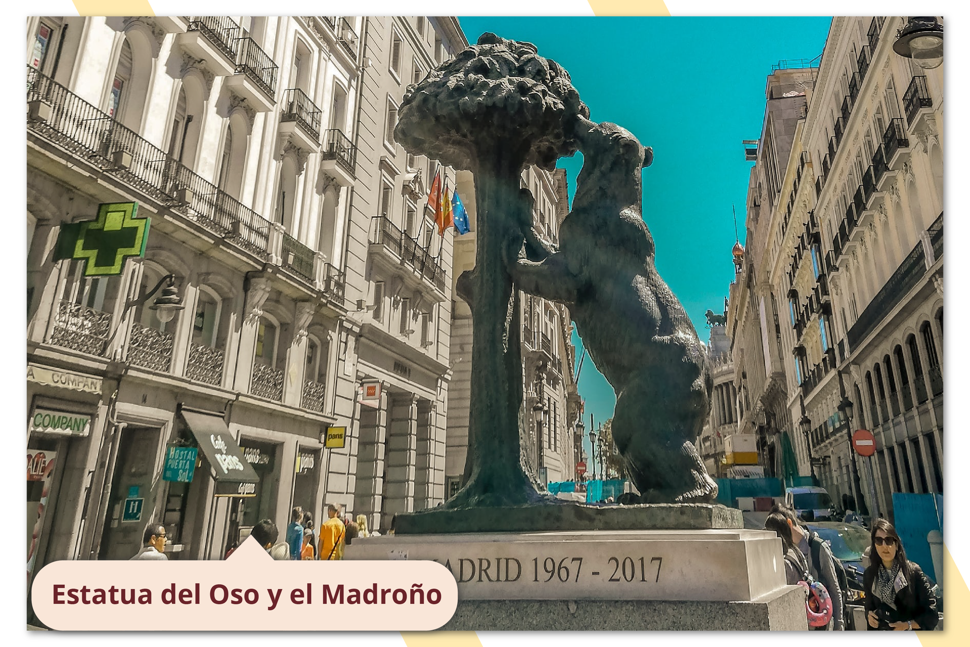 Zdjęcie przedstawia Pomnik Niedźwiedzia i Drzewa Truskawkowego. Pomnik znajduje się między kamienicami na Puerta del Sol. Podpis na zdjęciu:  La Estatua del Oso y el Madroño.