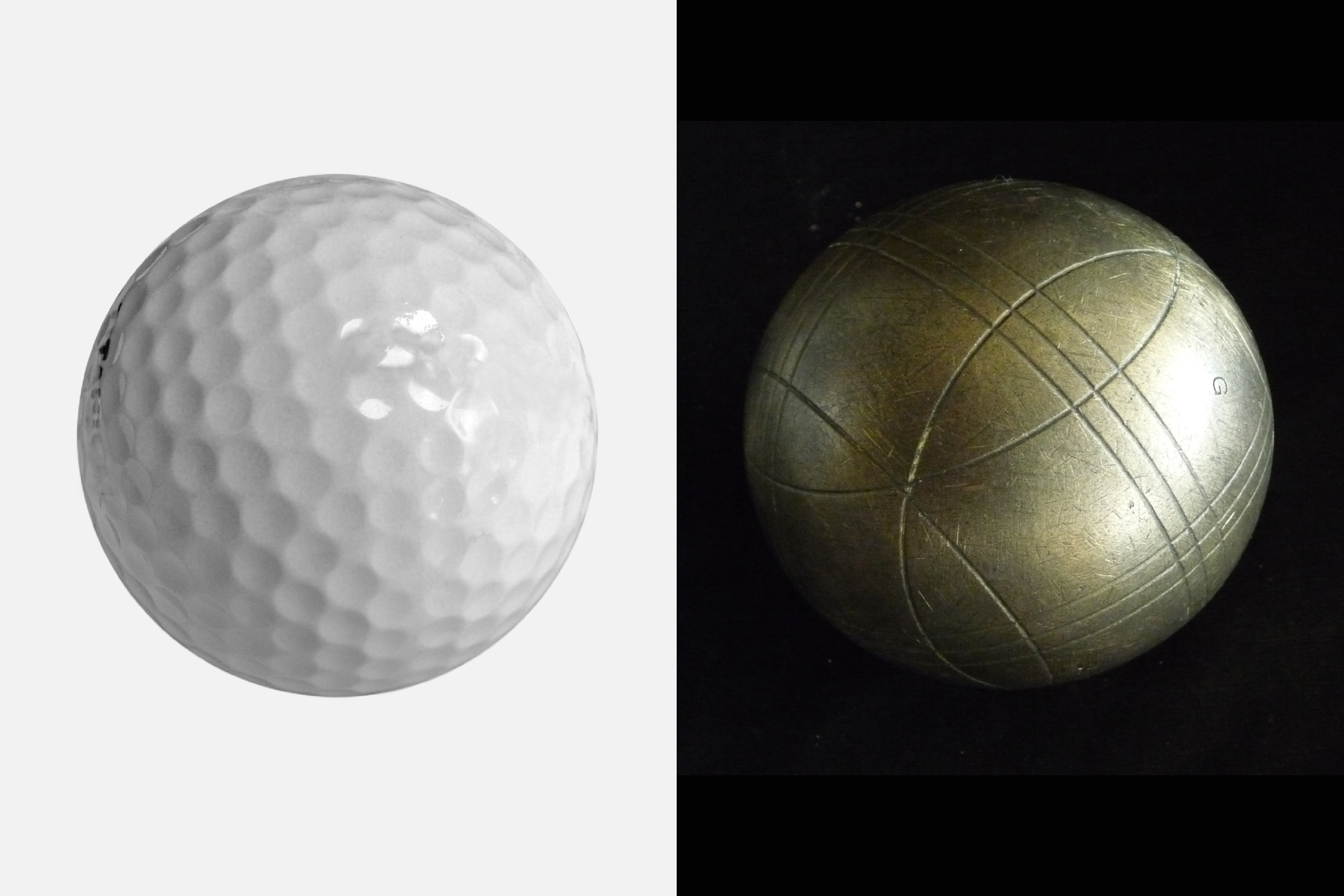 Grafika przedstawia dwie fotografie ułożone obok siebie dla porównania. Na lewej fotografii, na białym tle, biała piłka golfowa zrobiona z plastiku, po prawej, na czarnym tle metalowa kula o tej samej wielkości.