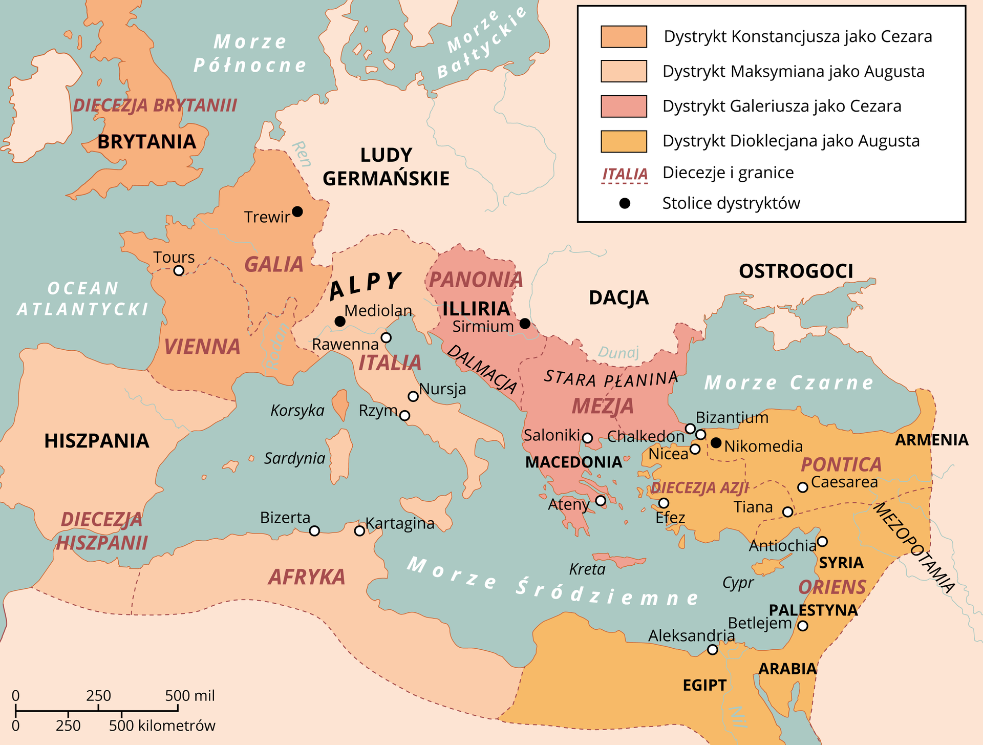 Mapa Europy przedstawia system tetrarchii w Cesarstwie Rzymskim. Dystrykt Konstancjusza jako Cezara to: obecna Francja, Brytania, Korsyka. Stolica to Trewir. Dystrykt Maksymiliana jako Augusta to: Hiszpania, północna Afryka, Włochy, oraz wyspa Sardynia. Stolica to Mediolan. Dystrykt Galeriusza jako Cezara to: cała Grecja oraz tereny na zachód od niej. Stolkica to Sirmium. Dystrykt Dioklecjana jako Augusta to: Egipt, Bliski Wschód oraz dzisiejsza Turcja. Stolica to Nikomedia. Na mapie zaznaczone są również diecezje: Hiszpania, Vienna, Galia, Diecezja Brytanii, Italia, Panonia, Dalmacja, Mezja, Pontica, Diecezja Azji oraz Oriens. 