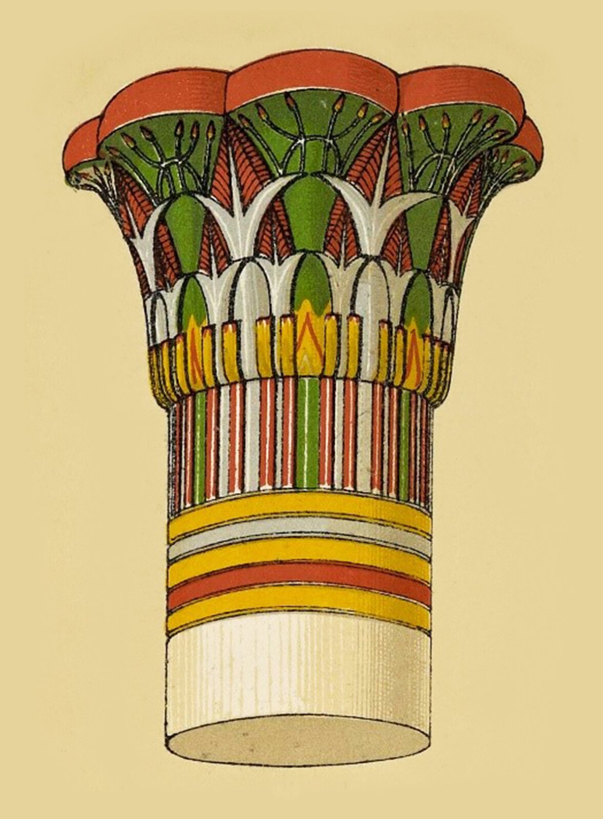 Ilustracja przedstawia głowicę kolumny w stylu papirusowym. Głowica swoim kształtem nawiązuje do rośliny papirusu. Jest podzielona na cztery sekcje: od dołu - zółto czerwone poziome pasy, nieco wyżej pomarańczowo zielone pionowe pasy. Dolna część głowicy składa się z biało zielonych elips pomalowanych częściowo na zielono, biało i żółto. Szczyt głowicy to ornamenty swoim kształtem nawiązujące do liści - są białe i zielone. Rysunek głowicy umieszczony został na żółtym tle.