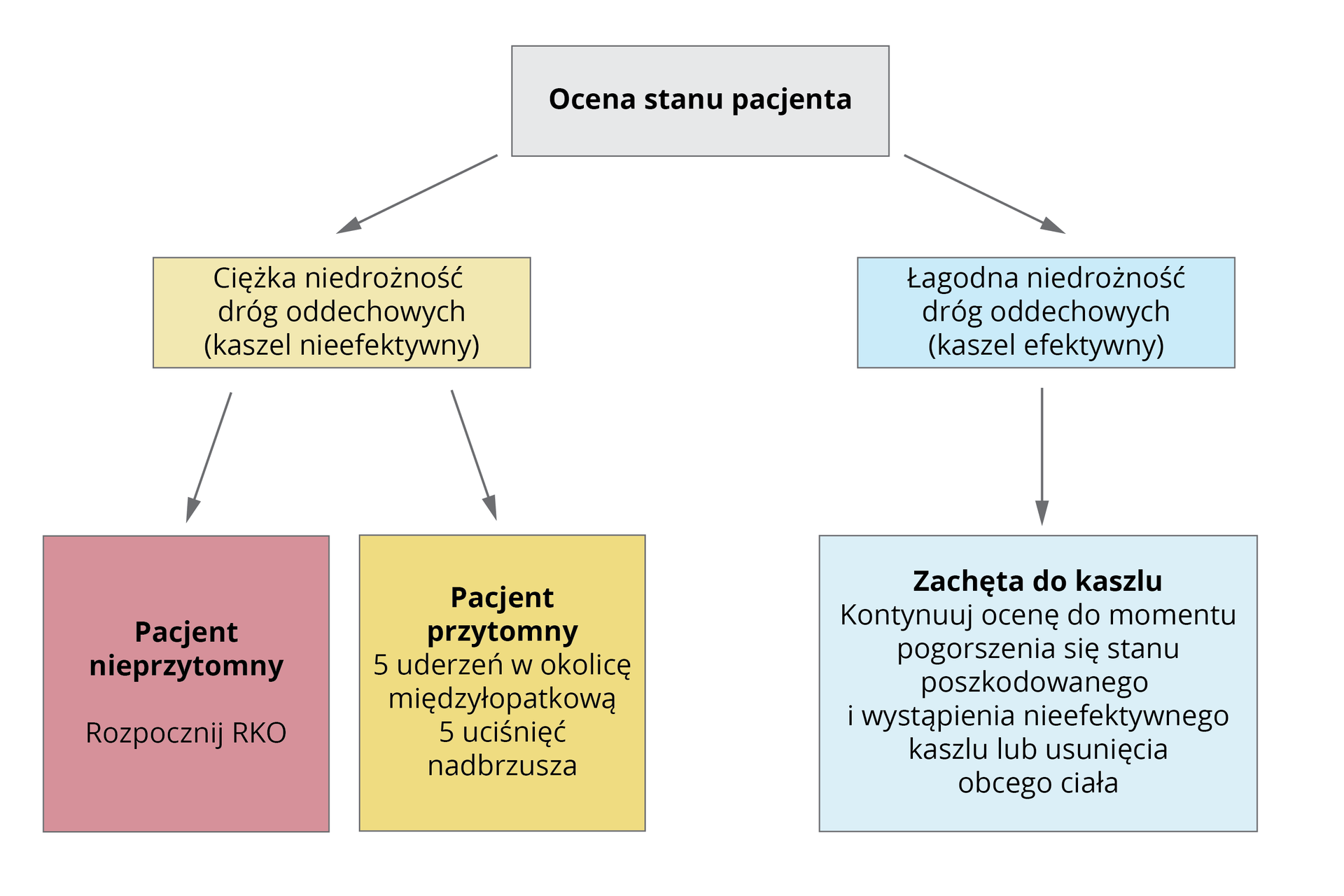 Kliknij żeby powiększyć Ilustracja w formie schematu. Na górze schematu nagłówek: ocena stanu pacjenta. Poniżej dwa przypadki niedrożności dróg oddechowych. Lewa część schematu: ciężka niedrożność dróg oddechowych, kaszel nieefektywny. Poniżej podział na dwa typy pacjenta. Pierwszy typ to pacjent nieprzytomny. Rozpocznij RKO. Drugi typ to pacjent przytomny. 5 uderzeń w okolicę międzyłopatkową. 5 uciśnięć nadbrzusza. Prawa część schematu: łagodna niedrożność dróg oddechowych, kaszel efektywny. Poniżej instrukcja: zachęta do kaszlu. Kontynuuj ocenę do momentu pogorszenia się stanu poszkodowanego i wystąpienia nieefektywnego kaszlu lub usunięcia obcego ciała.