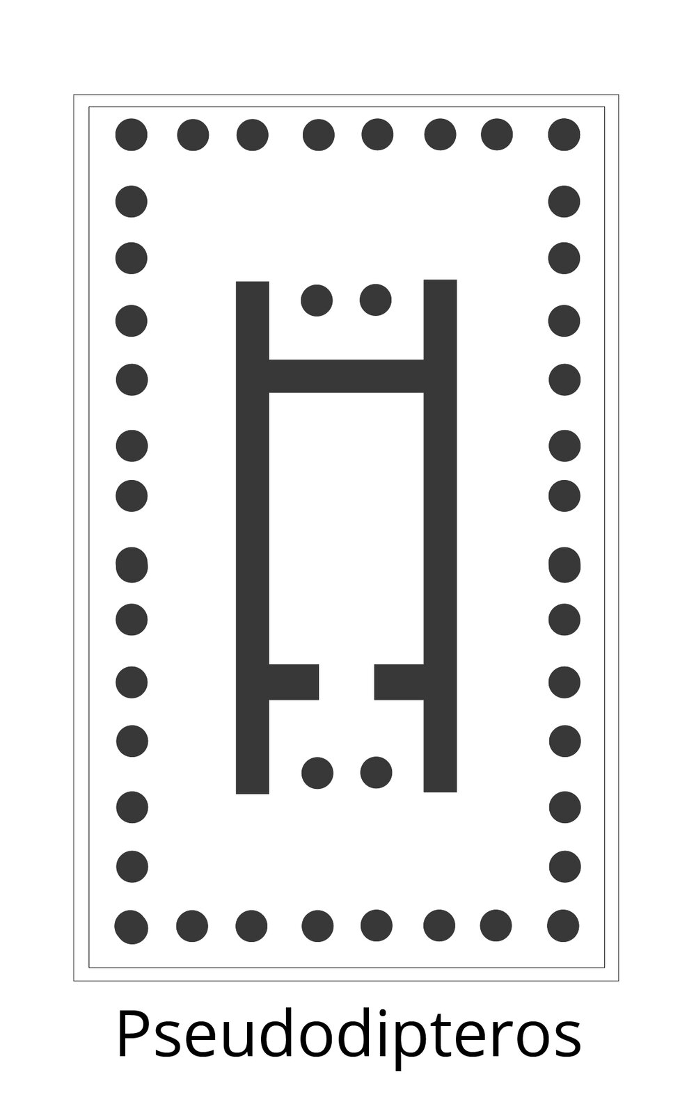 Czarno‑biała ilustracja przedstawia rzut świątyni typu Pseudodipteros. Na planie prostokąta rozmieszczony został rząd kolumnady, okalający budowlę. W centralnej części grubymi, szarymi liniami oznaczone są ściany świątyni ułożone w prostokąt z wydłużonymi w pionie dłuższymi bokami tak, że tworzą się niejako dwie wnęki (na górze i na dole). W każdej z nich znajduje się, odsunięta od budynku, para kolumn, a przy tej znajdującej się na dole planu jest wejście do świątyni.