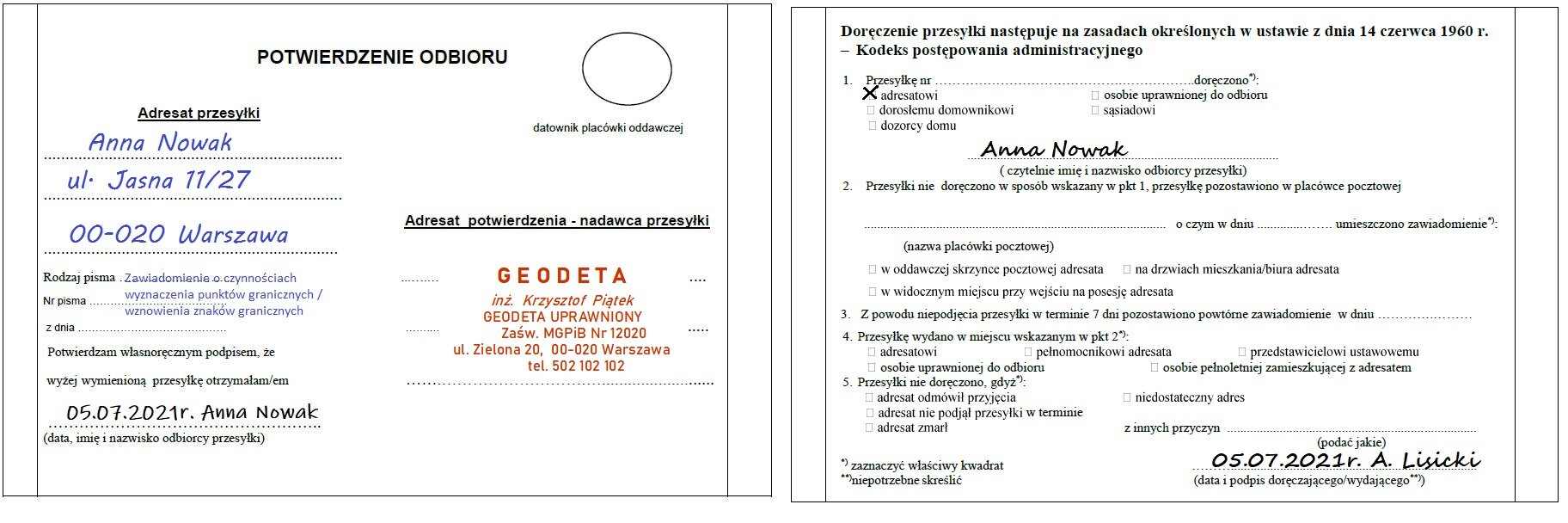 Zdjęcie przedstawia dwie strony formularza zwrotnego poświadczenia odbioru. Na pierwszej stronie znajdują się dane adresowe adresata i nadawcy oraz informacja o rodzaju pisma. Na drugiej stronie znajduje się formularz do wypełnienia, w jakich warunkach przesyłka została doręczona lub niedoręczona oraz miejsce na datę i podpis doręczającego ukośnik wydającego przesyłkę. 