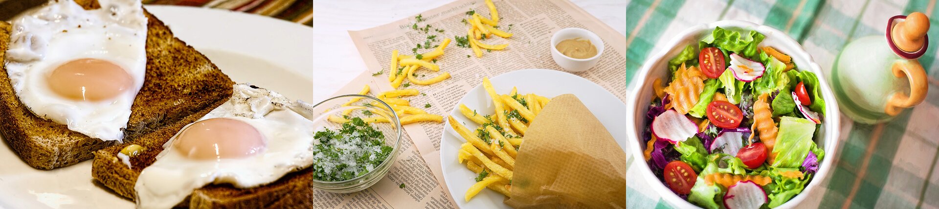 Ilustracja składa się z trzech zdjęć. Zdjęcie pierwsze przedstawia dwie grzanki z sadzonym jajkiem. Zdjęcie drugie przedstawia leżące leżące na talerzu i wokół niego frytki oraz dresingi do nich. Zdjęcie trzecie przedstawia sałatkę warzywną, a obok niej stojący dresing.