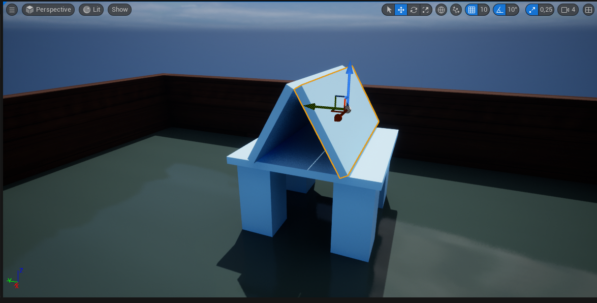 Ilustracja przedstawia okno programu. W obszarze roboczym jest konstrukcja przypominająca dom. Podstawą są prostopadłościany, dach tworzą dwie płaskie prostokątne powierzchnie. Na jednej z nich są trzy strzałki. Dach jest spadzisty. 