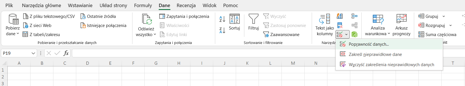 Ilustracja przedstawia pasek narzędzi arkusza kalkulacyjnego. Po prawej stronie wybrano opcję Poprawność danych. 