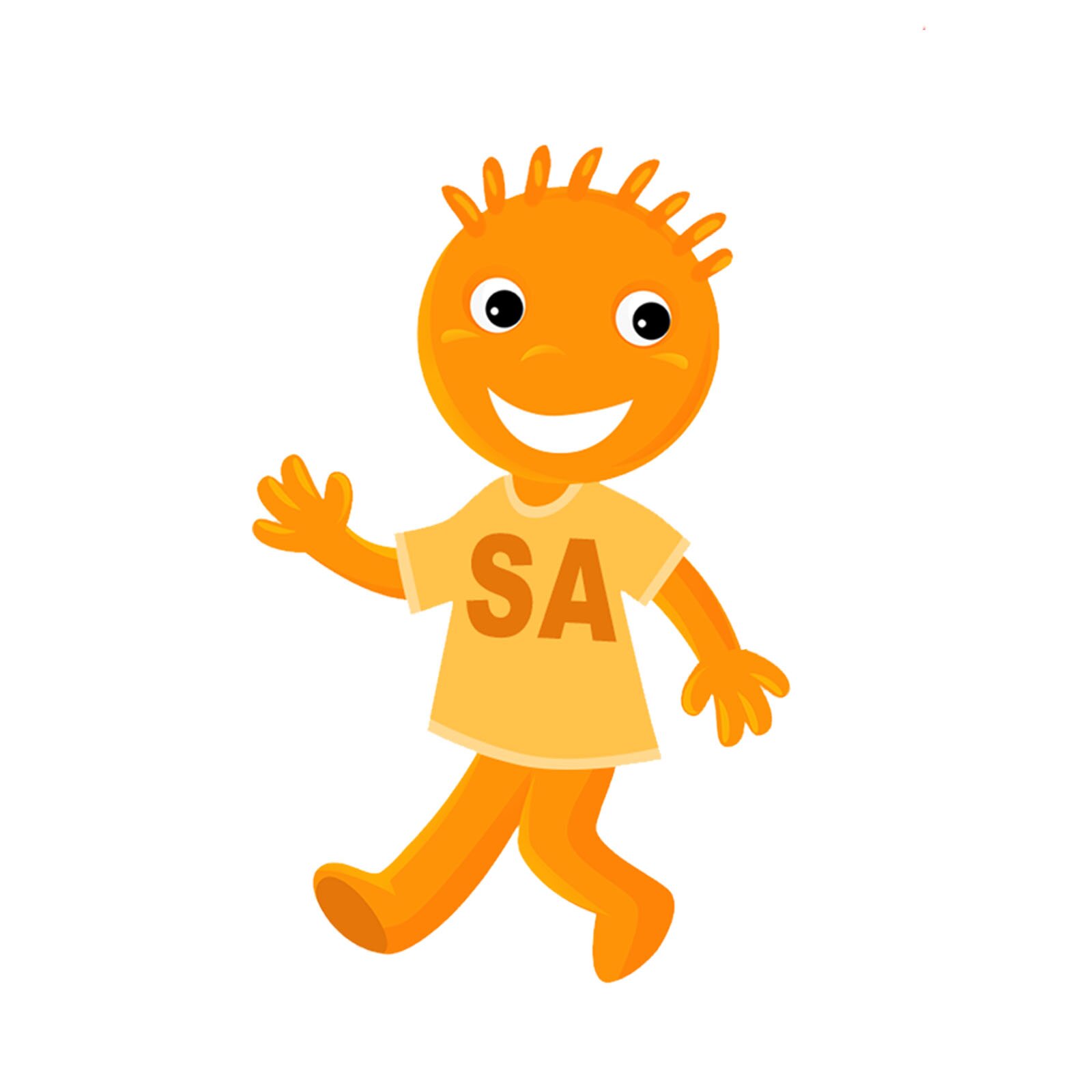 Ilustracja przedstawia pomarańczowego ludzika w koszulce z napisem Sa.