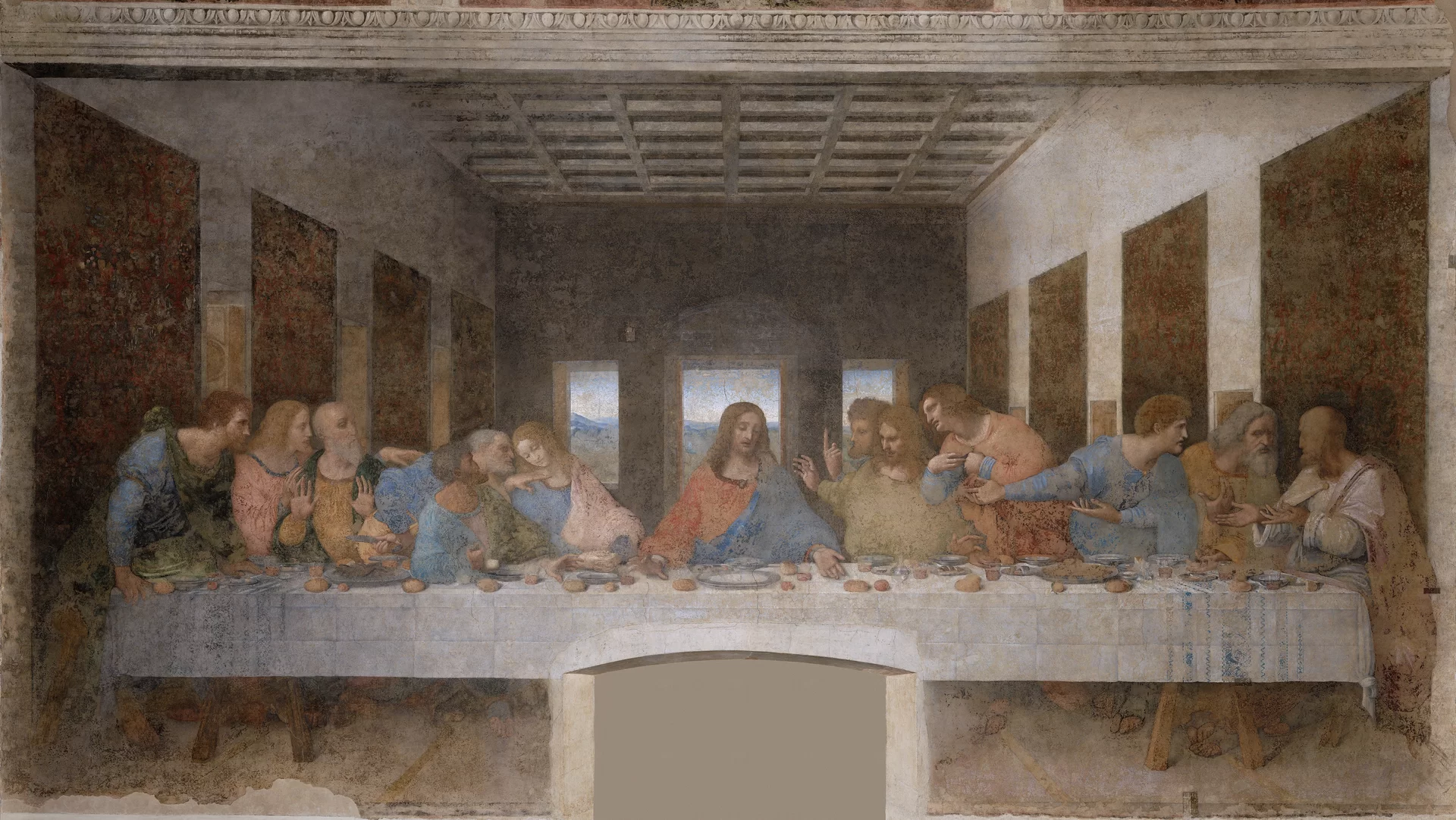 Ilustracja przedstawia obraz Leonarda da Vinci „Ostatnia wieczerza”. Przedstawia Jezusa Chrystusa wraz z dwunastoma apostołami. Siedzą przy stole oraz rozmawiają podczas wieczerzy.