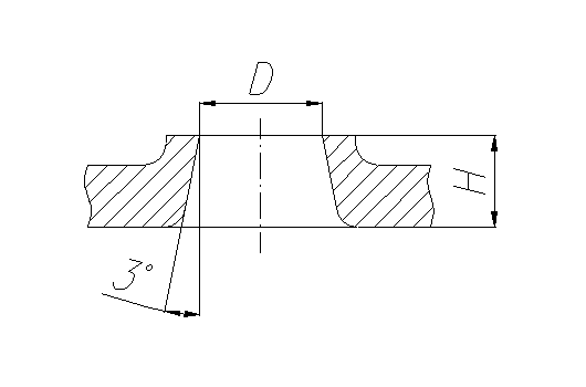 Na ilustracji przedstawiony jest model w kształcie podobnym do trapezu równoramiennego, ma on zaokrąglone dole krawędzie ku dołowi. Przez środek modelu przebiega linia symetrii. Po bokach modelu są zakreskowane fragmenty materiału. U góry jest oznaczenie długości średnicy modelu duża literą D, natomiast u dołu znajduj się dwie linie pomocnicze, które odchodzą od boku trapezu oraz od podstawy. Między liniami tworzy się kąt trzech stopni. 