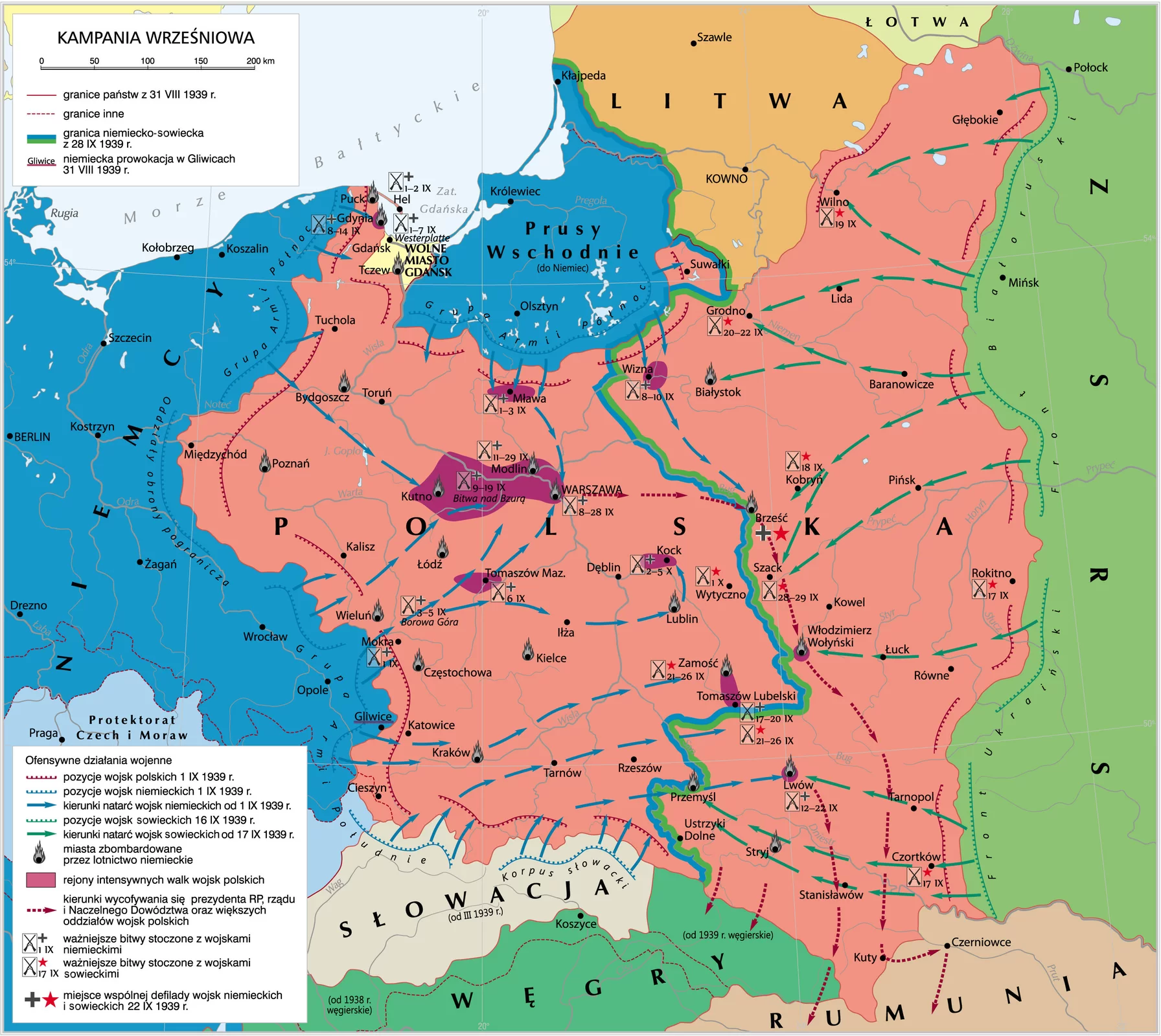 Mapa dotyczy kampanii wrześniowej. Polska graniczy z ZSRR, Litwą, Niemcami, Słowacją, Węgrami, Rumunią. Granica niemiecko‑sowiecka z 28 września 1939 roku przebiega od rejonu Kłajpedy na północy, w pobliżu Suwałk, Grodna, Wizny, przez Brześć, Tomaszów Lubelski, Przemyśl, Ustrzyki Dolne. Pozycja wojsk polskich 1 września 1939 roku: wojska były wzdłuż zachodniej, południowej granicy do Ustrzyk Dolnych, na północy do Suwałk. Kierunek wycofywania się prezydenta RP, rządu i Naczelnego Dowództwa oraz większych oddziałów wojsk polskich: od Warszawy na wschód do Brześcia, a stamtąd na południe do Kut, Czerniowic i do Rumunii, przez Lwów i Stanisławów do Rumunii, na Węgry. Pozycja wojsk sowieckich 16 września 1939 roku: wzdłuż wschodniej granicy Polski (front Ukrainy, front Białorusi). Pozycje wojsk niemieckich 1 września 1939 roku: wzdłuż zachodniej granicy (Grupa Armii Północ, Oddziały Obrony Pogranicza, Grupa Armii Południe w rejonie Słowacji oraz Korpus Słowacki, na północy w Prusach Wschodnich - Grupa Armii Północ. Kierunek natarć wojsk niemieckich od 1 września 1939 roku: wojska niemieckie nacierały z zachodu w kierunku Kutna, Tucholi, Modlina, Śląska, z południa w kierunku Tarnowa, Przemyśla, Tomaszowa Lubelskiego, Lwowa, z północy w kierunku Mławy, Warszawy.  Kierunek natarć wojsk sowieckich od 17 września 1939 roku: ze wschodu w kierunku Wilna, Grodna, Białegostoku, Szacka, Włodzimierza Wołyńskiego, Przemyśla. Rejony intensywnych walk wojsk polskich: rejon Kutna, Modlina, Warszawy, Mławy, Wizny, Kocka, Tomaszowa Mazowieckiego, Tomaszowa Lubelskiego, Lwowa. Na mapie zaznaczono główne bitwy. Ważniejsze bitwy stoczone z wojskami niemieckimi w 1939 roku: Hel 1‑2 września, 1‑7 września Westerplatte, Mława 1‑3 września, Modlin 11‑29 września, 9‑19 września, 8‑28 września Warszawa, 6 września Tomaszów Mazowiecki, 3‑5 września Borowa Góra, 1 września Mokra, 2‑5 października Kock, 17‑20 września Tomaszów Lubelski, Lwów 12‑22 września. Ważniejsze bitwy stoczone z wojskami sowieckimi: 21‑26 września Zamość, 21‑26 września Tomaszów Lubelski, 1 października Wytyczno, 20‑22 września Grodno, 19 września Wilno, 18 września Kobryń, 17 września Rokitno, Brześć, 28‑29 września Szack, 17 września Czortków. Niemiecka prowokacja w Gliwicach 31 sierpnia 1939 roku. Miasta zbombardowane przez niemieckie lotnictwo: Puck, Gdynia, Tczew, Bydgoszcz, Łódź, Modlin, Warszawa, Białystok, Kutno, Lublin, Kielce, Kraków, Wieluń, Poznań, Włodzimierz Wołyński, Stryj, Zamość.         