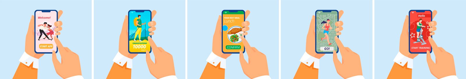 Grafika składa się z 5 ikon. Na każdej z nich dłonie trzymają telefon typu smartphone. Na ekranie pierwszej ikony jest para tańczących ludzi. Na ekranie numer 2 jest postać mężczyzny z kijkami do nordic‑walking oraz plecakiem. Na środkowej grafice jest napis "LUNCH"  a pod nim ikona talerza z rybą oraz sałatką. Czwarty ekran ukazuje postać biegnącej kobiety w stroju sportowym. Ostatnia część grafiki to ekran z postacią mężczyzny ćwiczącym na orbitreku. 