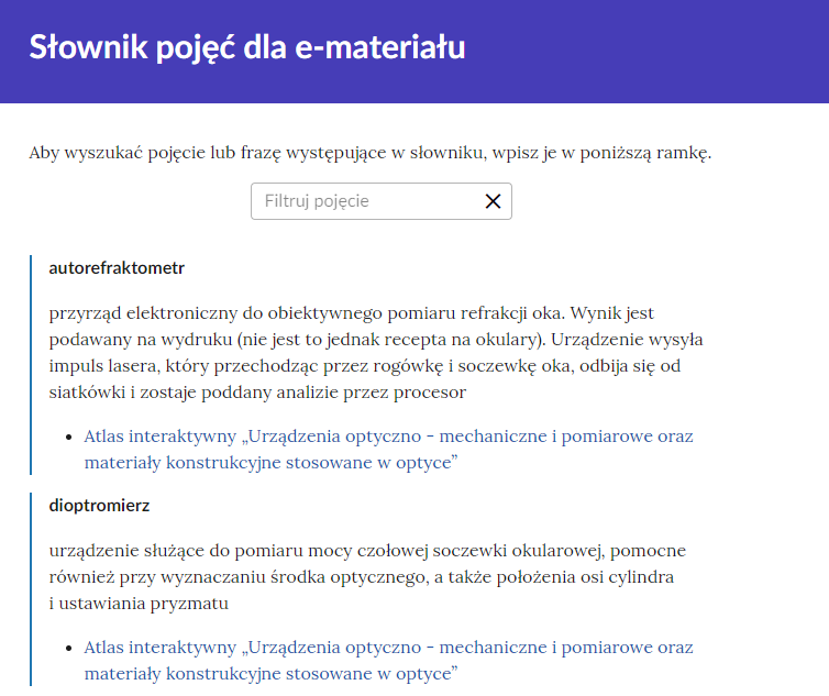 Przykładowy widok pojęć w słowniku z polem do wyszukiwania, poniżej którego znajdują się przykładowe hasła ze słownika wraz z definicjami.