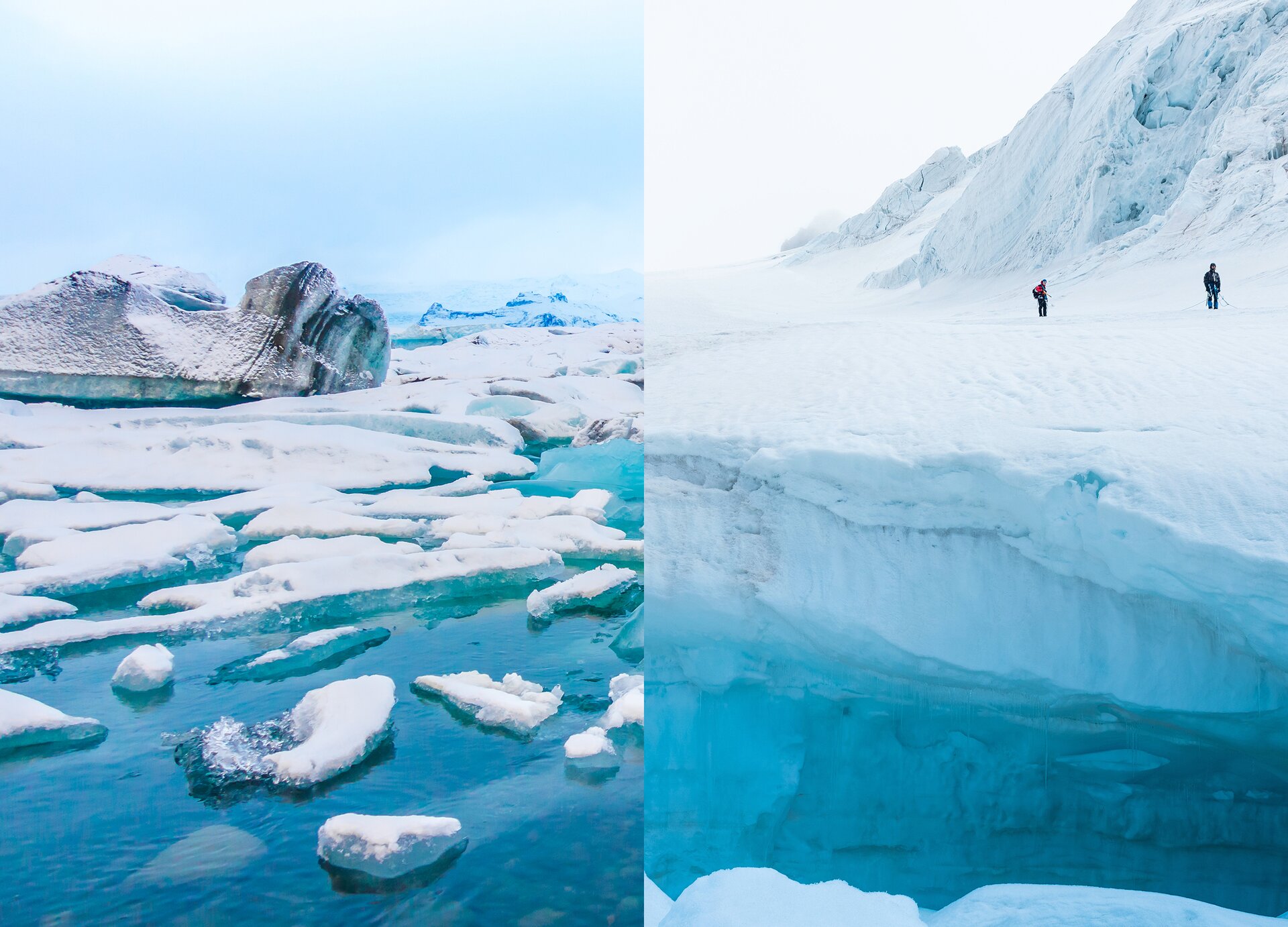 Ilustracja składa się z dwóch zdjęć. Na zdjęciu po lewej stronie widoczna jest woda, na powierzchni której widoczna jest kra przysypana śniegiem. Na drugim planie widoczna jest wystająca z wody bryła brudnego lodu, oprószona śniegiem. W tle widoczne są skaliste wyniesienia pokryte śniegiem. Na zdjęciu po prawej stronie na pierwszym planie widoczna jest krystalicznie czysta woda, nad którą widoczne są wysokie nawisy śniegu. U góry widoczne jest wypłaszczenie, na którym stoją dwie osoby. Po prawej stronie wypłaszczenia widoczna jest stroma góra pokryta śniegiem.
