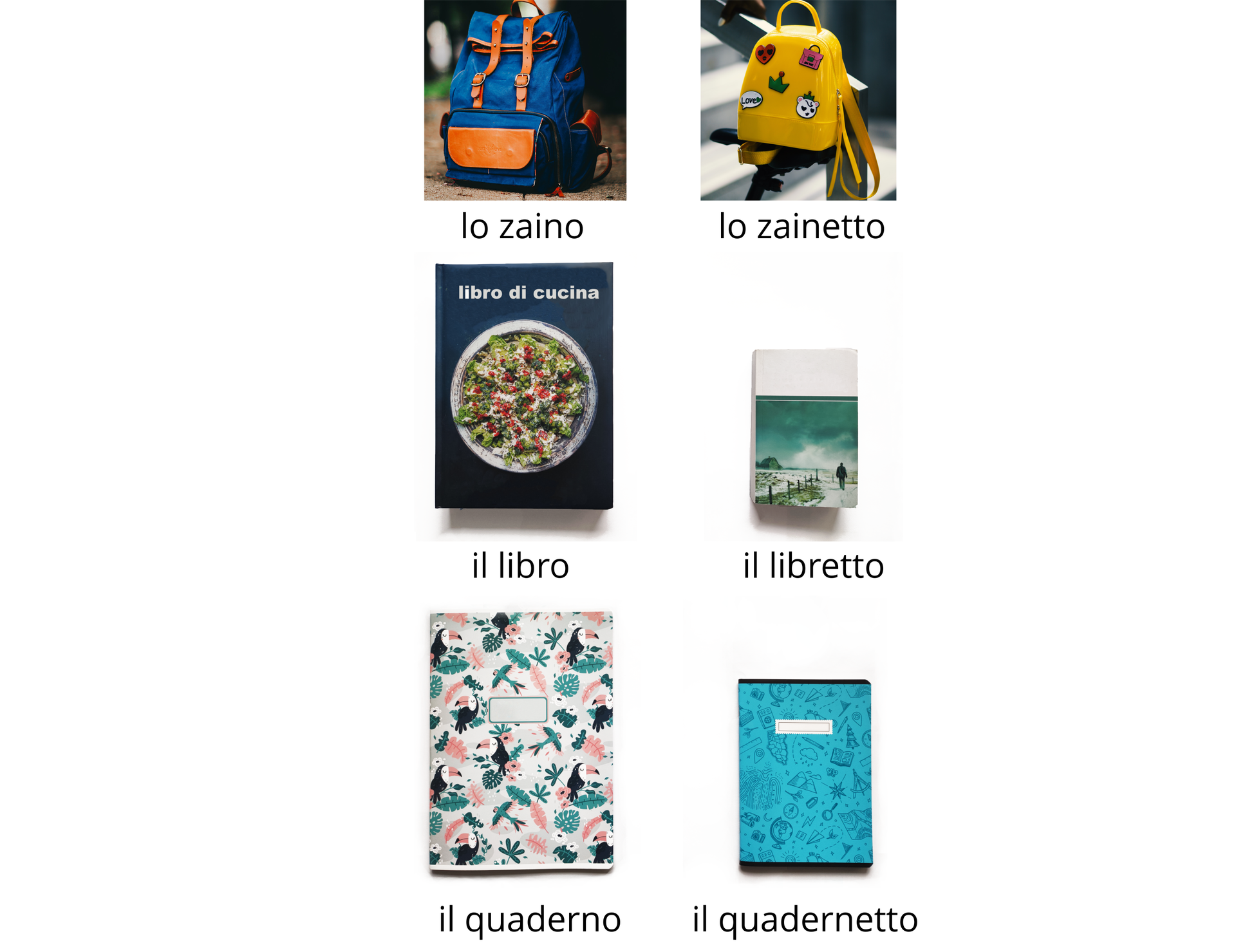 Grafika przedstawia kolaż sześciu zdjęć. W pierwszym rzędzie od góry po lewej znajduje się zdjęcie plecaka podpisane: lo zaino. Po prawej znajduje się zdjęcie mniejszego plecaka podpisane: lo zainetto. W środkowym rzędzie dwa zdjęcia. Po lewej zdjęcie przedstawiające książkę podpisane: il libro. Obok zdjęcie mniejszej książki podpisane: il libretto. W dolnym rzędzie znajdują się dwa zdjęcia. Po lewej na zdjęciu znajduje się zeszyt podpisane: il quaderno, obok po prawej zdjęcie mniejszego zeszytu podpisane: il quadernetto.
