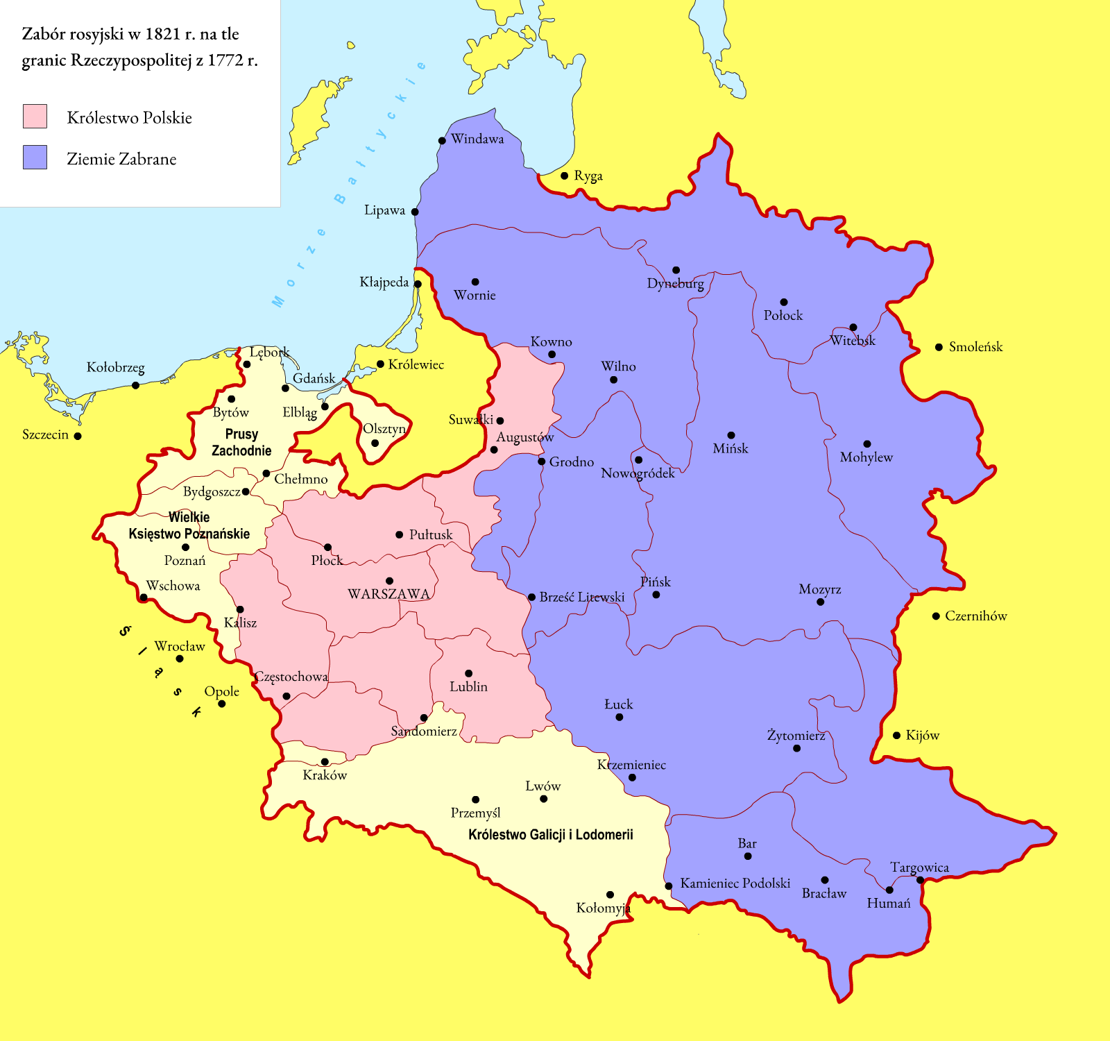 Mapa przedstawiająca obszar Rzeczypospolitej Obojga Narodów w granicach sprzed rozbiorów (czyli z roku 1772). Tytuł mapy: Zabór rosyjski w 1821 r. na tle granic Rzeczypospolitej z 1772 r. Na tym tle zaznaczony został obszar, który w XIX wieku zaczęto nazywać Ziemiami Zabranymi. Znajdujące się w jego obrębie większe miasta to m.in. Wilno, Brześć Litewski, Żytomierz, Mohylew, Bar i Targowica. Były to ziemie, które wcielone zostały integralnie do Cesarstwa Rosyjskiego na wschód od granic Królestwa Polskiego. Ziemie te obejmują obszar Wielkiego Księstwa Litewskiego oraz Ukrainy. Innym kolorem na mapie zaznaczone jest Królestwo Polskie z Warszawą, Płockiem, Kaliszem, Częstochową i Sandomierzem. Na mapie Oznaczono również inne obszary administracyjne: Prusy Zachodnie, Wielkie Księstwo Poznańskie, Królestwo Galicji i Lodomerii, Śląsk.