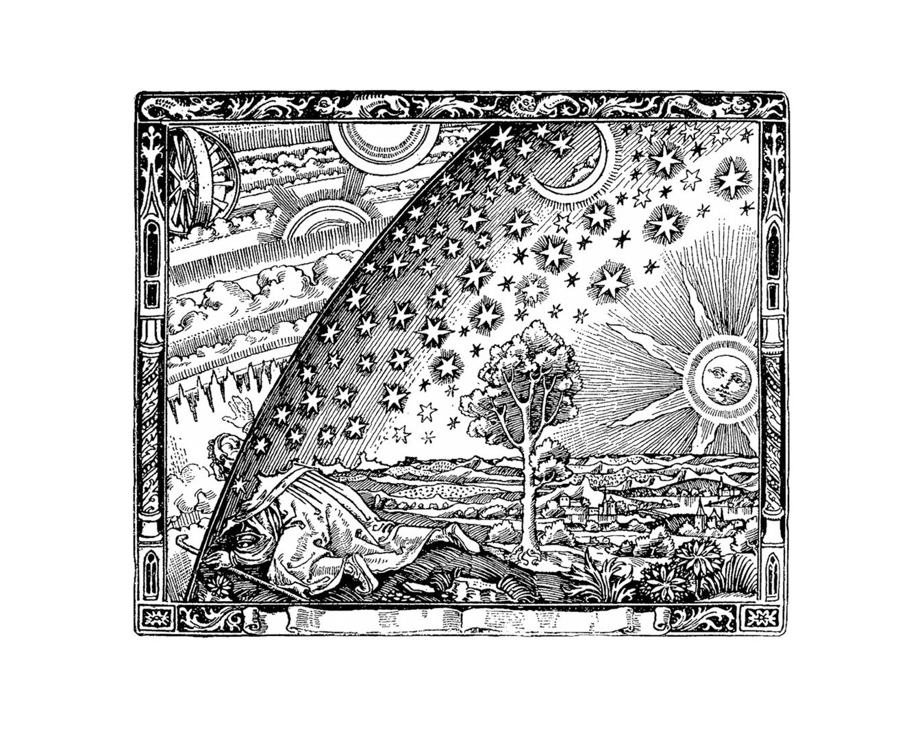 Ilustracja przedstawia wędrowca, który rzekomo dotarł do krańca Ziemi.