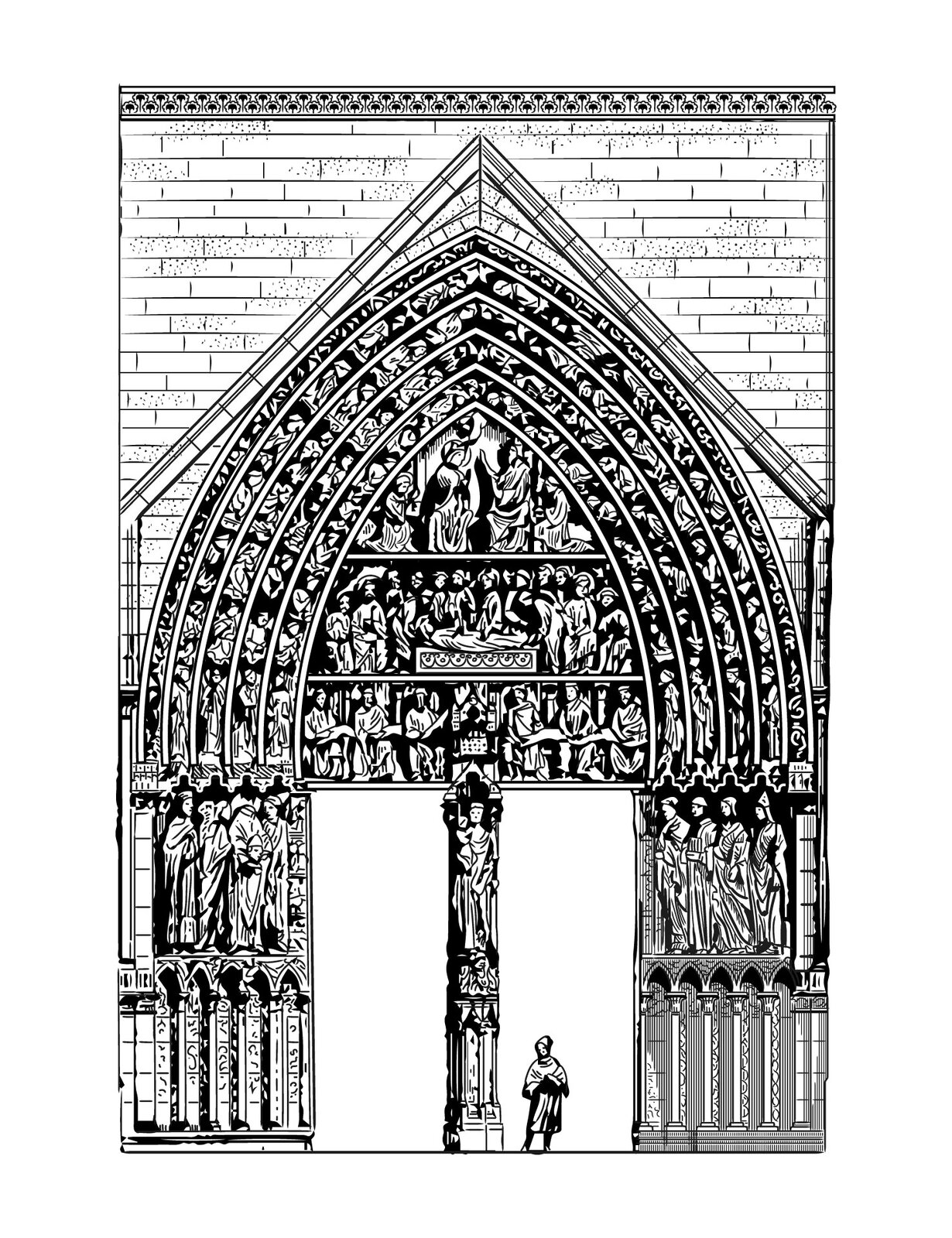 Ilustracja przedstawia portal - czyli zdobienie nad drzwiami wejściowymi. Drzwi wejściowe składają się z dwóch oddzielnych skrzydeł, przedzielone są kolumną, na której znajduje się figura kobiety. Po obu stronach drzwi - kolumny na których ustawione zostały postacie świętych. Nad figurami nisze, wewnątrz których przedstawienia świętych w formie reliefów. Portale są o wiele większe od drzwi. 