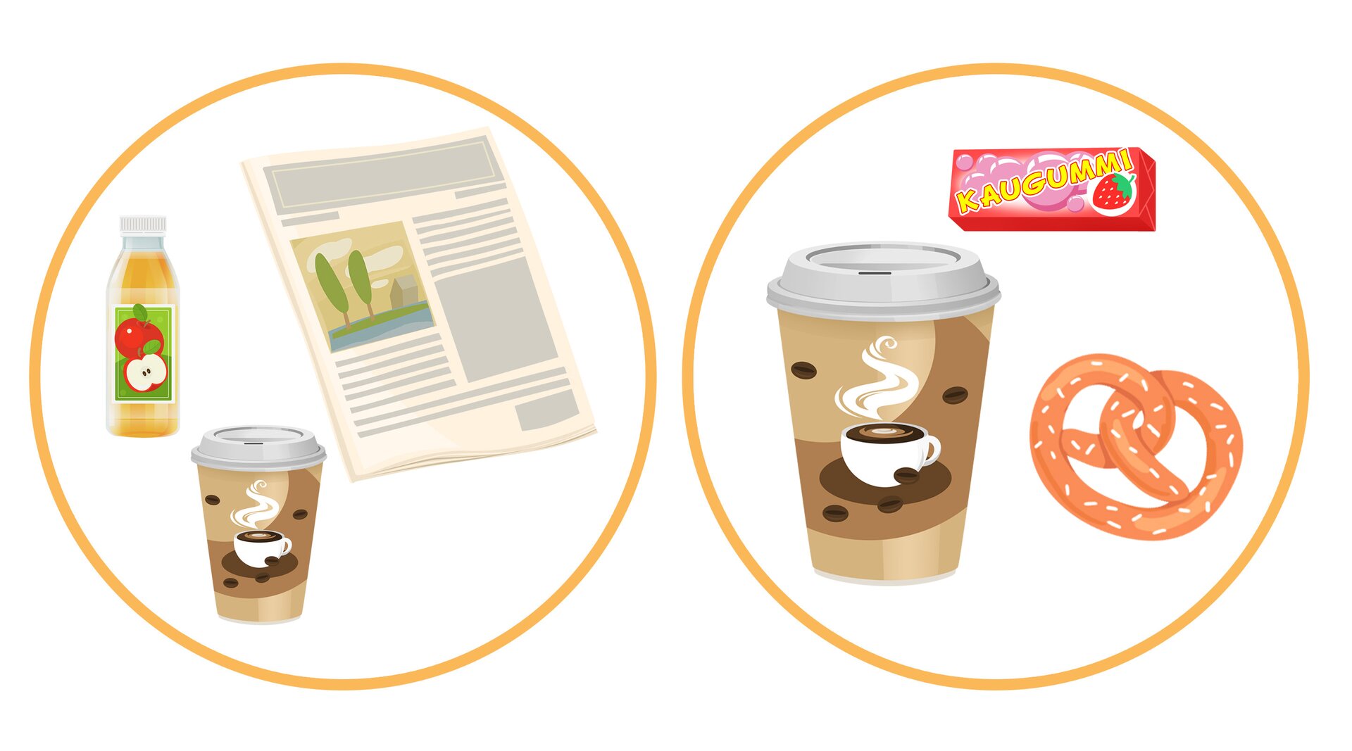 Obraz przedstawia dwa zbiory; w jednym z nich znajdują się precel, kawa i paczka gum do żucia, a w drugim sok jabłkowy w butelce, gazeta i kawa w kubku.