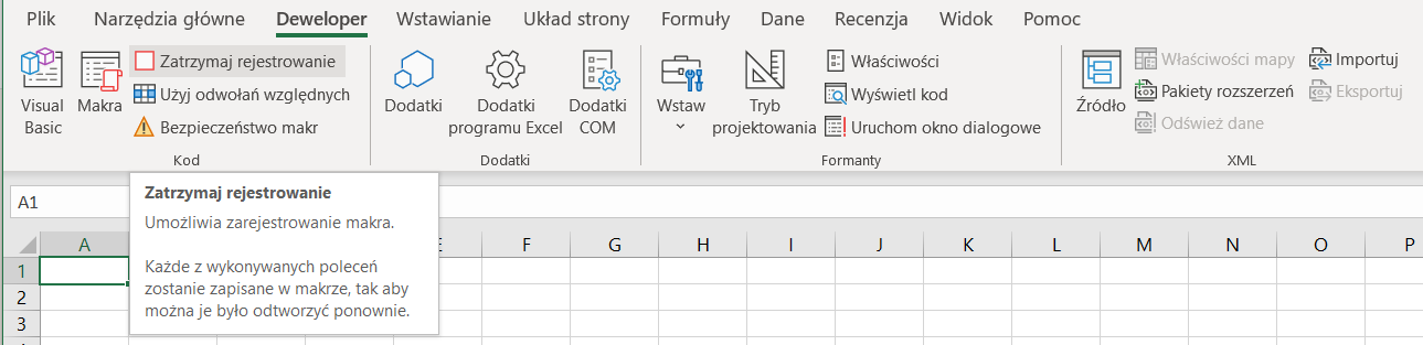 Ilustracja przedstawia fragment okna programu. Z menu głównego wybrano Dewelopera, a następnie opcję Zatrzymaj rejestrowanie. Tu informacja: Zatrzymaj rejestrowanie. Umożliwia zarejestrowanie makra. Każde z wykonywanych poleceń zostanie zapisane w makrze, tak aby można je było odtworzyć ponownie.   