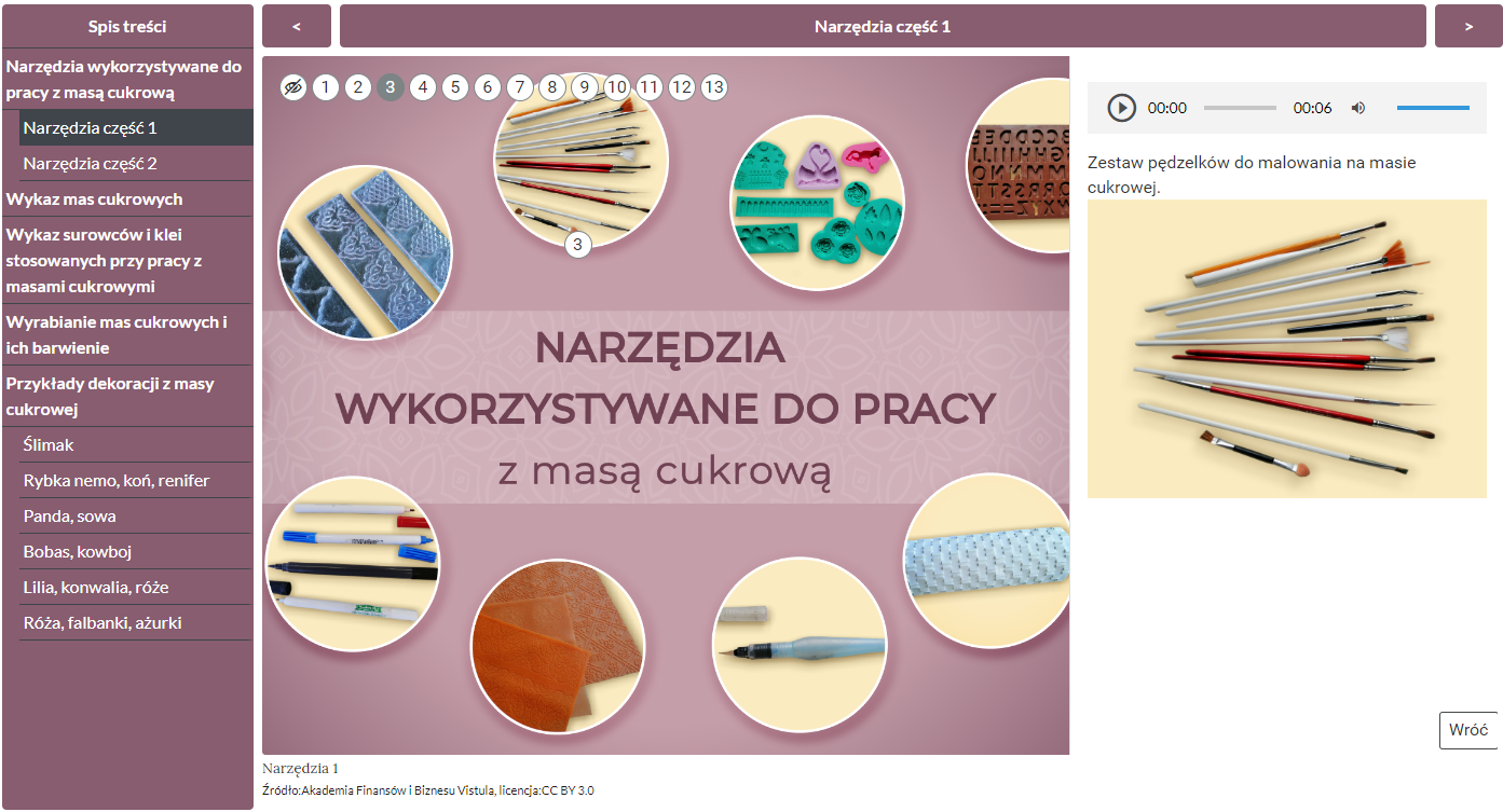 Grafika przedstawia początkowy ekran grafiki interaktywnej zatytułowanej Podstawowe zabiegi przygotowawcze surowców do wytwarzania ciast.