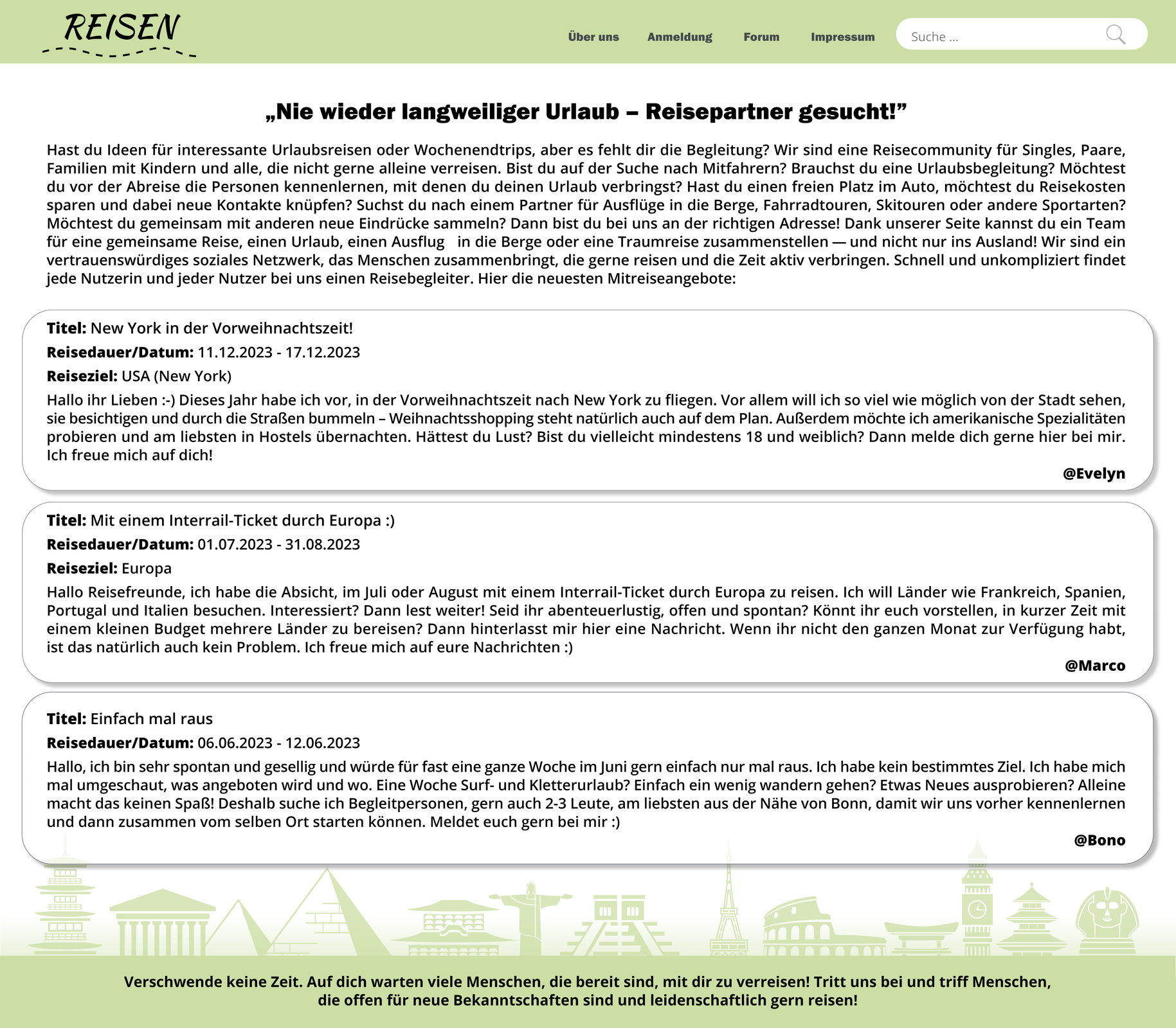 Ilustracja przedstawia ogłoszenie w Internecie na portalu podróżniczym Reisen i trzy odpowiedzi na nie. Transkrypcja znajduje się poniżej.