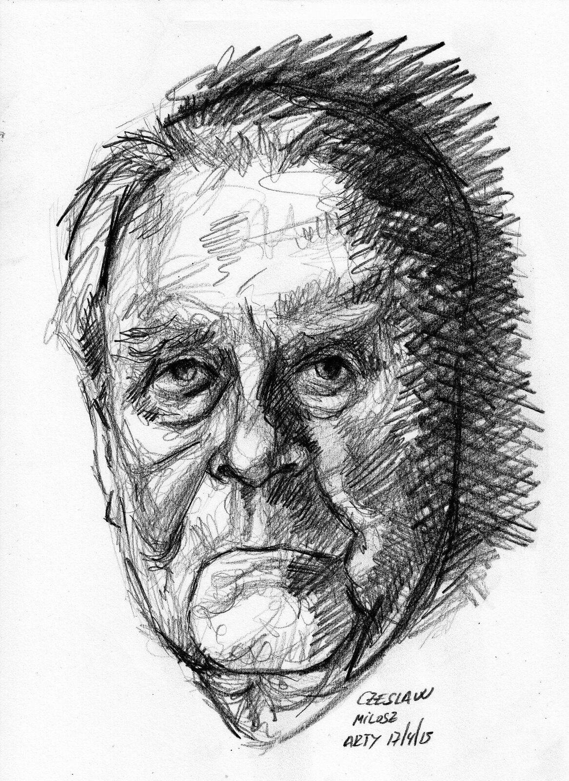 Szkic przedstawia twarz starszego mężczyzny. Jego twarz jest owalna, są na niej liczne zmarszczki i bruzdy. Mężczyzna ma krótkie włosy i krzaczaste brwi. 