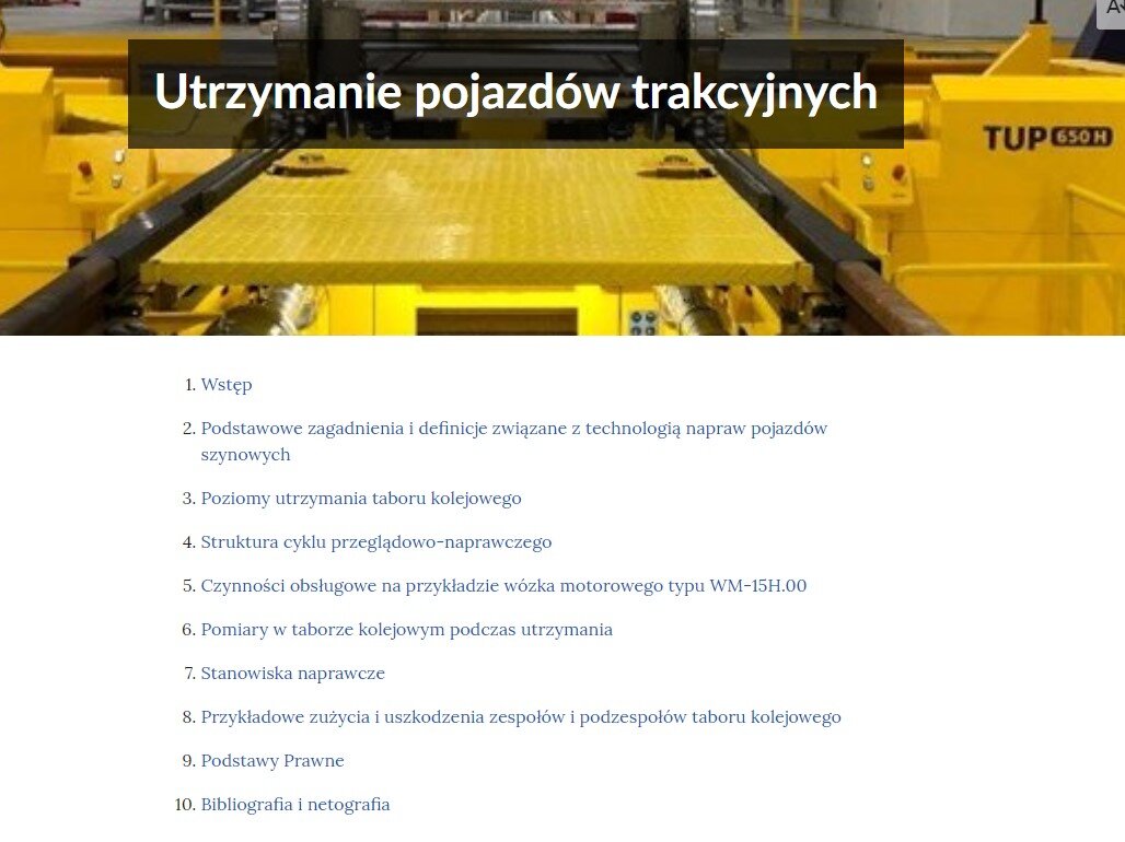 Zrzut ekranu pokazuje spis treści e‑booka. W górnej części widać pasek z ilustracją, na której tle znajduje się tytuł e‑booka, Utrzymanie pojazdów trakcyjnych. Poniżej widoczny jest ponumerowany spis treści e‑booka z dziesięcioma pozycjami.