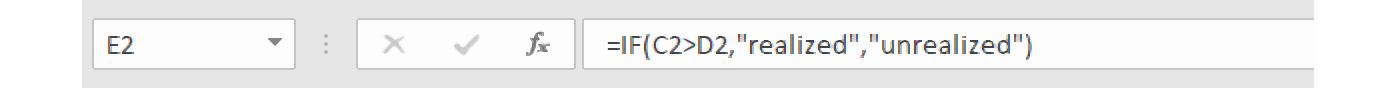 Zrzut ekranu przedstawia wpisaną funkcję logiczną =IF(C2 jest większe od D2,"realized","unrealized") w pasku formuły.