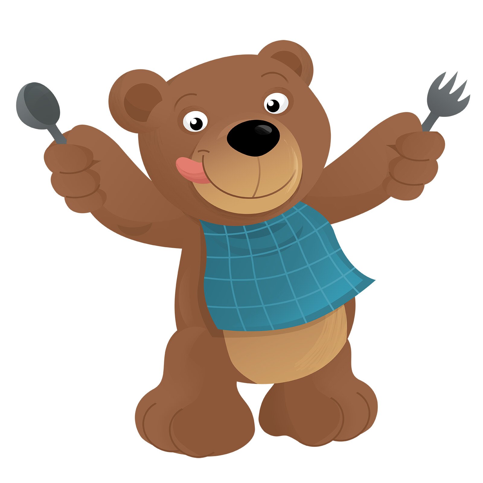 Na ilustracji ukazano brązowego niedźwiedzia trzymającego łyżkę i widelec.