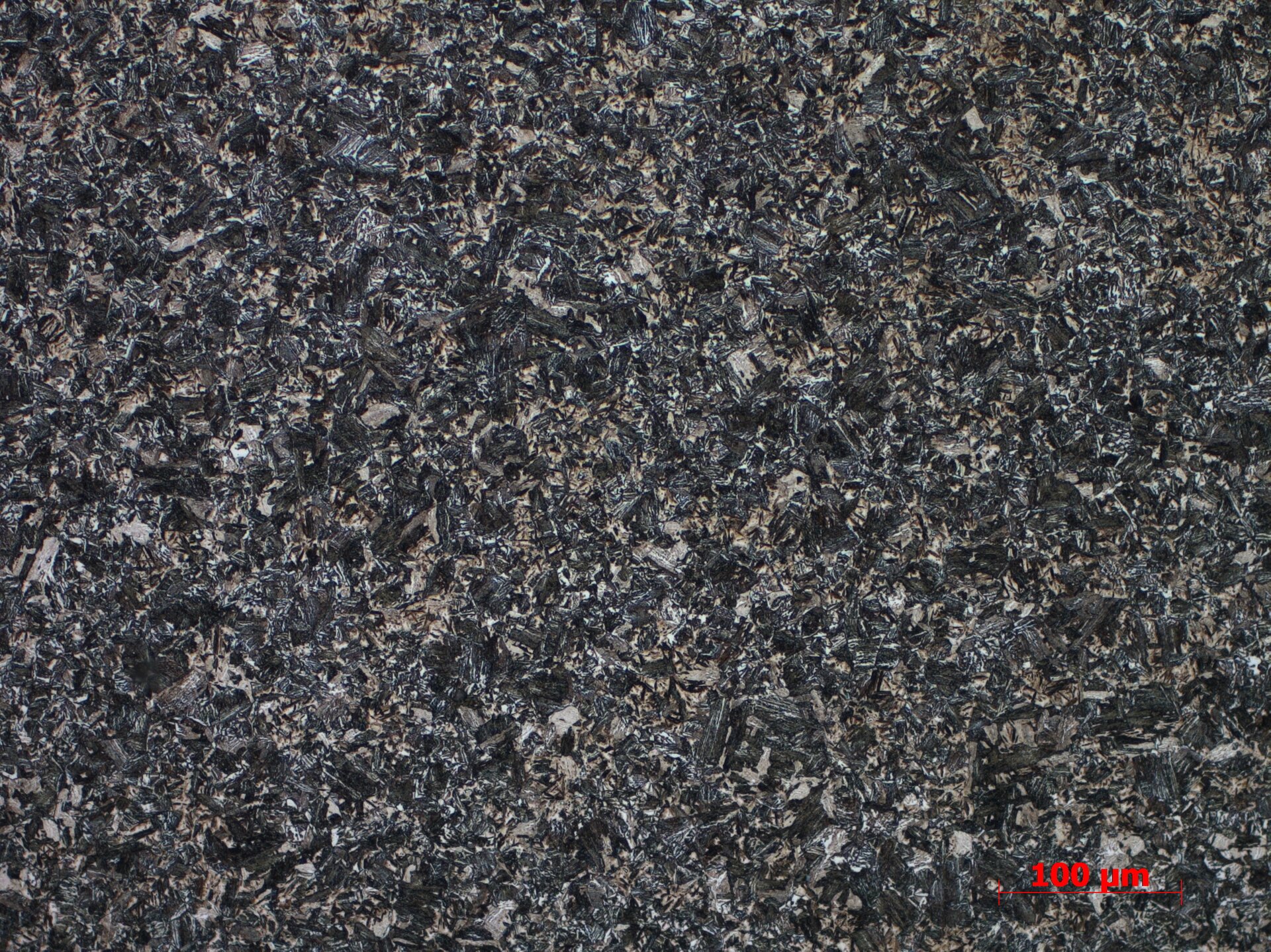 Zdjęcie przedstawia mikrostrukturę bainityczną w powiększeniu dwudziestokrotnym. Widoczne są czarne drobiny ziaren zatopione w beżowej substancji.