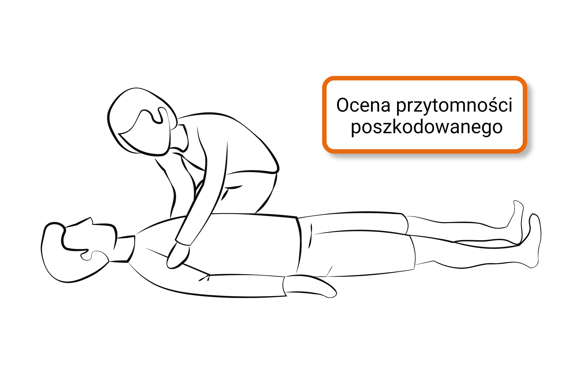 Na ekranie zilustrowana ocena przytomności poszkodowanego. Przy nieprzytomnej osobie leżącej kuca kobieta i trzyma tę osobę za ramiona.