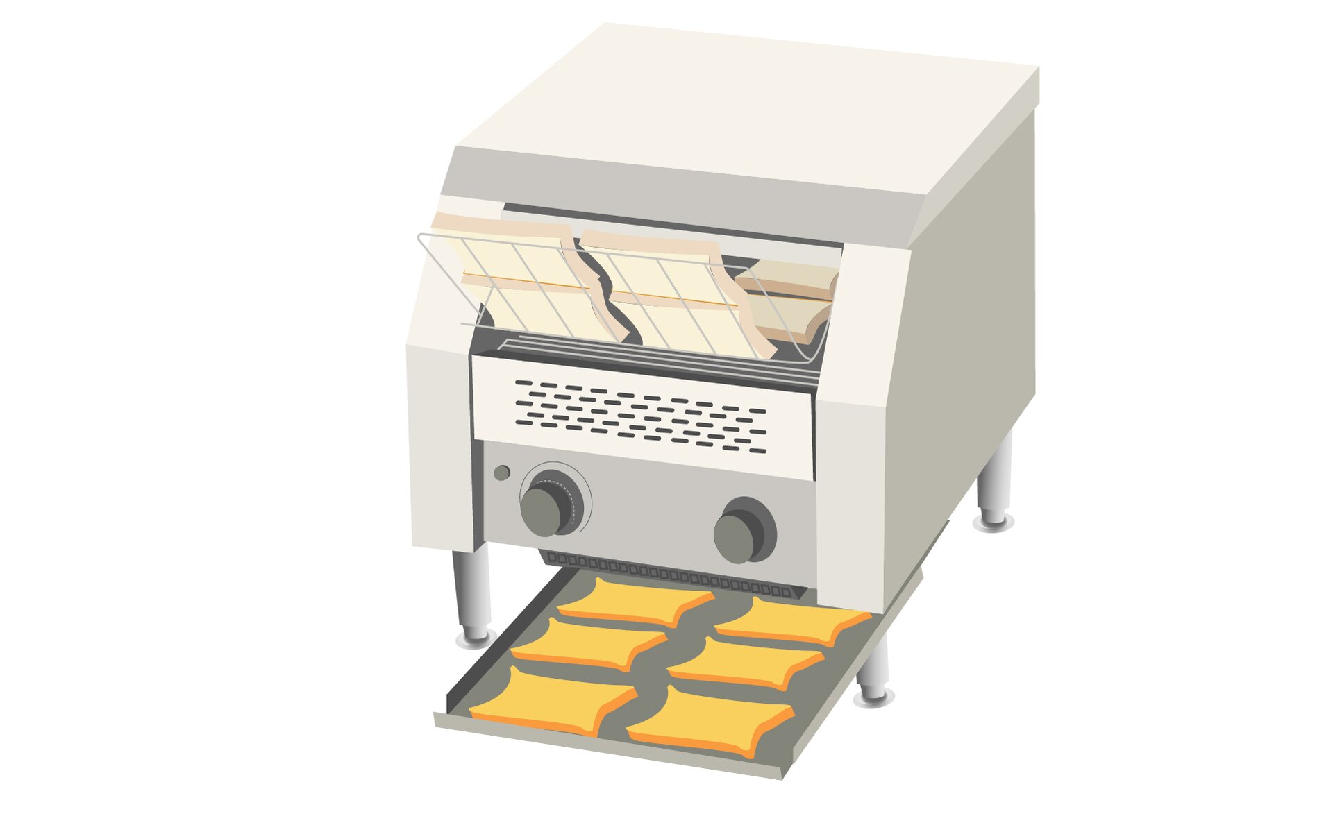 
Ilustracja przedstawia toster gastronomiczny, który kształtem przypomina duży sześcian. Na dole urządzenia jest wysunięta blacha z sześcioma, upieczonymi tostami. Powyżej dwa duże, czarne pokrętła, kratka wentylacyjna oraz wlot – miejsce na wkładanie kromek pieczywa tostowego. Cała obudowa urządzenia ma biały kolor.
