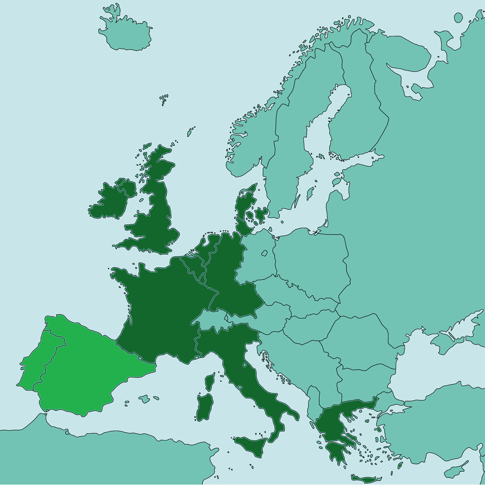 Mapa przedstawia Europę. Zaznaczone są na niej kontury państw: Belgii, Francji, Luksemburga, Niderlandów, RFN, Włoch, Danii, Irlandii, Wielkiej Brytanii oraz innym kolorem Hiszpanii i Portugalii. 