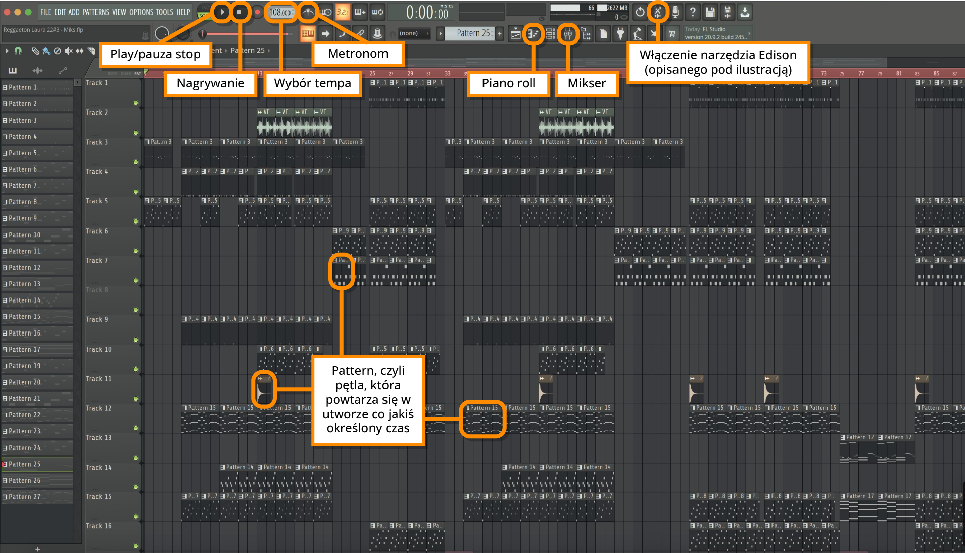 W górnej części na szaro‑czarnej stronie programu komputerowego znajduje się belka z wieloma elementami funkcyjnymi w tym przyciskami i wyświetlaczami. Po lewej stronie znajduje się panel z umieszczonym na nim  napisami jeden pod drugim „Pattern” od 1‑27 oprócz liczy 18. Obok znajduje się panel z umieszczonymi jeden pod drugim napisem „Track” od 1‑16 przy których znajdują się małe zielone pojedyncze kropki. Po prawej stronie znajduje się strona z przeniesionymi na nią oznaczeniami „Pattern” i pojedynczymi liniami ze ścieżką dźwiękową. 