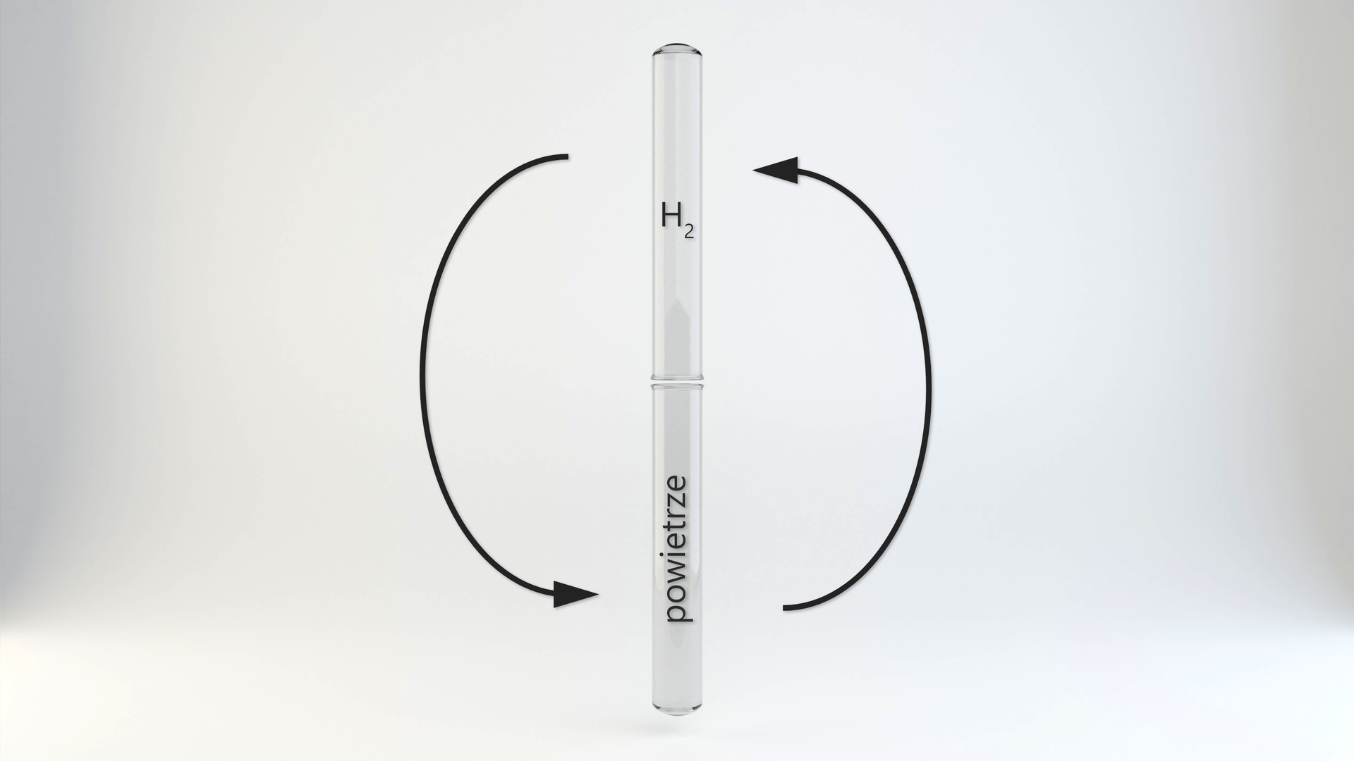 Ilustracja przedstawia dwie probówki zwrócone do siebie wylotami. W górnej znajduje się wodór a w dolnej powietrze. po obu stronach probówek znajdują się łukowate strzałki: lewa skierowana od górnej do dolnej probówki, a prawa od dolnej do górnej.
