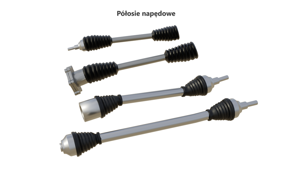 Na fotografii znajdują się półosie napędowe różnej długości w kształcie podłużnych trzpieni, które zakończone są przegubami homokinetycznymi wewnętrznymi i zewnętrznymi stosowanymi w pojazdach samochodowych. Między nimi są osłony gumowe zabezpieczające przed dostaniem się zanieczyszczeń. 