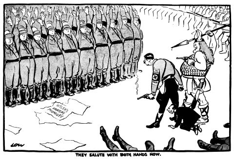 Ilustracja przedstawia Hitlera, który trzyma dymiący pistolet. Po jego prawej stoi wiking z włócznią. Pod nogami Hitlera klęczy mały mężczyzna w garniturze. Za Hitlerem leżą martwe ciała. Przed Hitlerem stoją rzędy żołnierzy. Każdy z nich ma uniesione obydwie ręce.