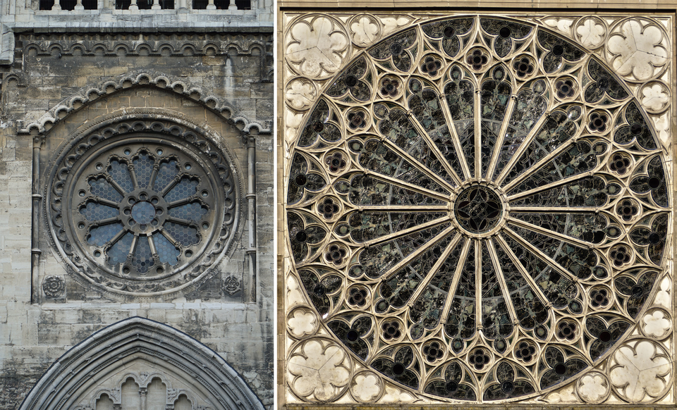 Ilustracja przedstawia dwa zdjęcia, na obu znajdują się rozety, czyli okrągłe ornamenty architektoniczne, które są bogato zdobione ale również można w nich wyróżnić osie symetrii.