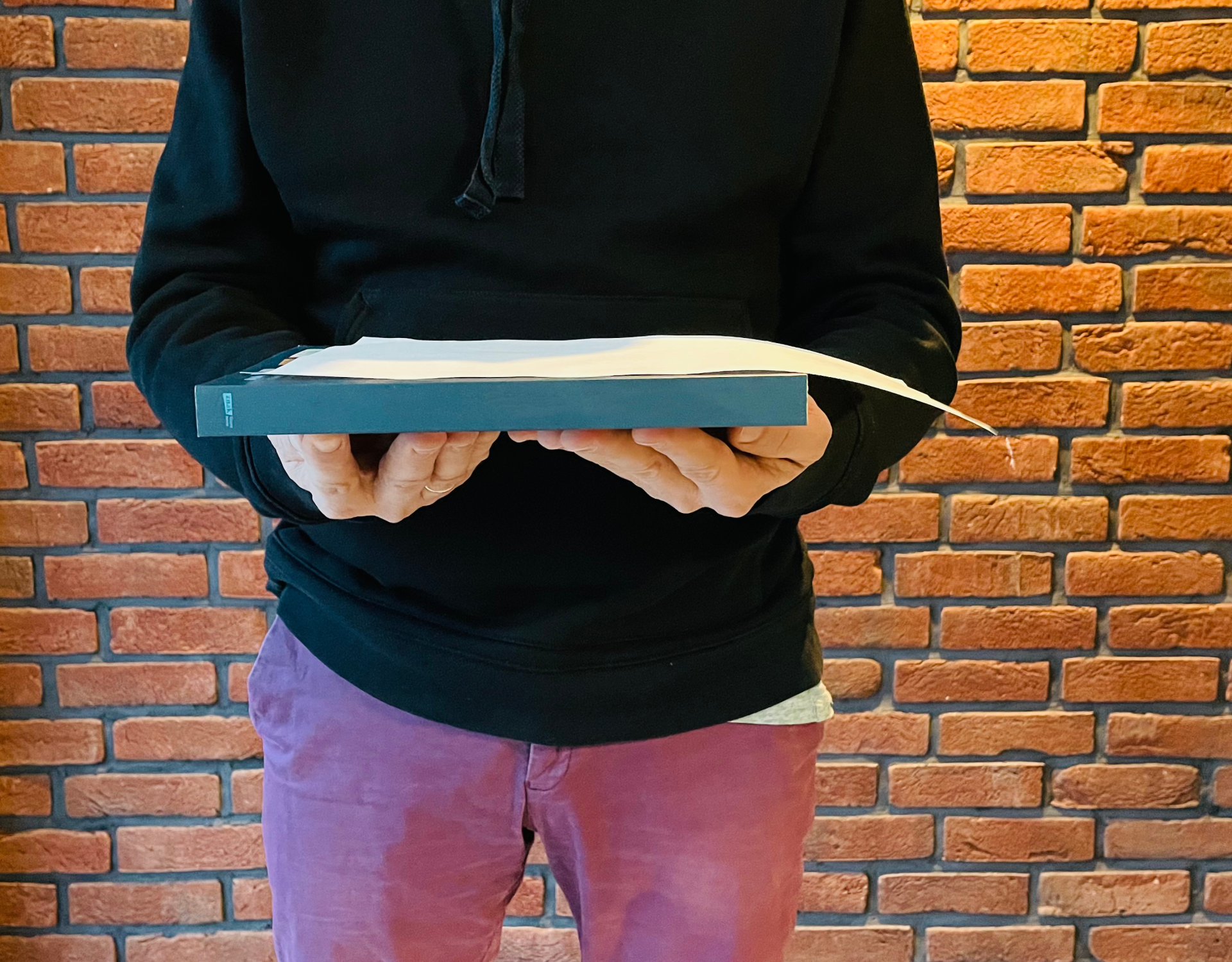 Zdjęcie fragmentu postaci na tle ściany z cegieł. Ręce ma wyciągnięte przed siebie, w obu dłoniach trzyma książkę. Na książce leży kartka papieru.