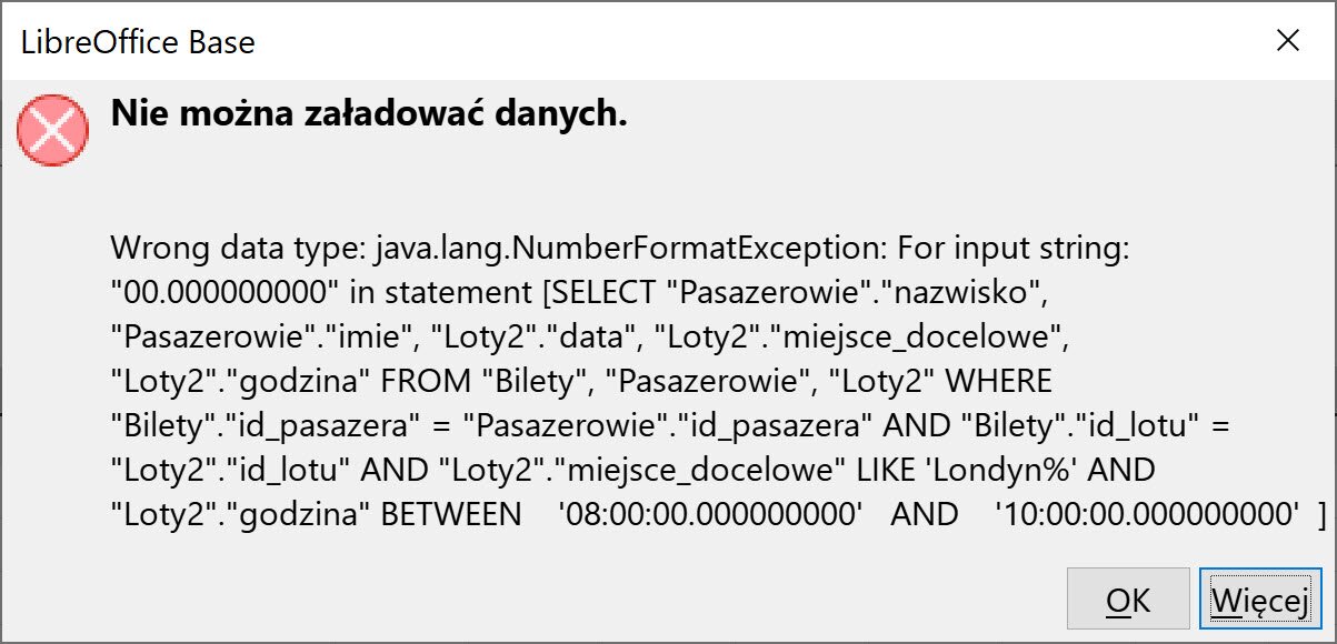 Ilustracja przedstawia prostokąt z informacją: LibreOffice Base. Nie można załadować danych. Poniżej jest wykaz błędów. Zastosowano przycisk Więcej. 