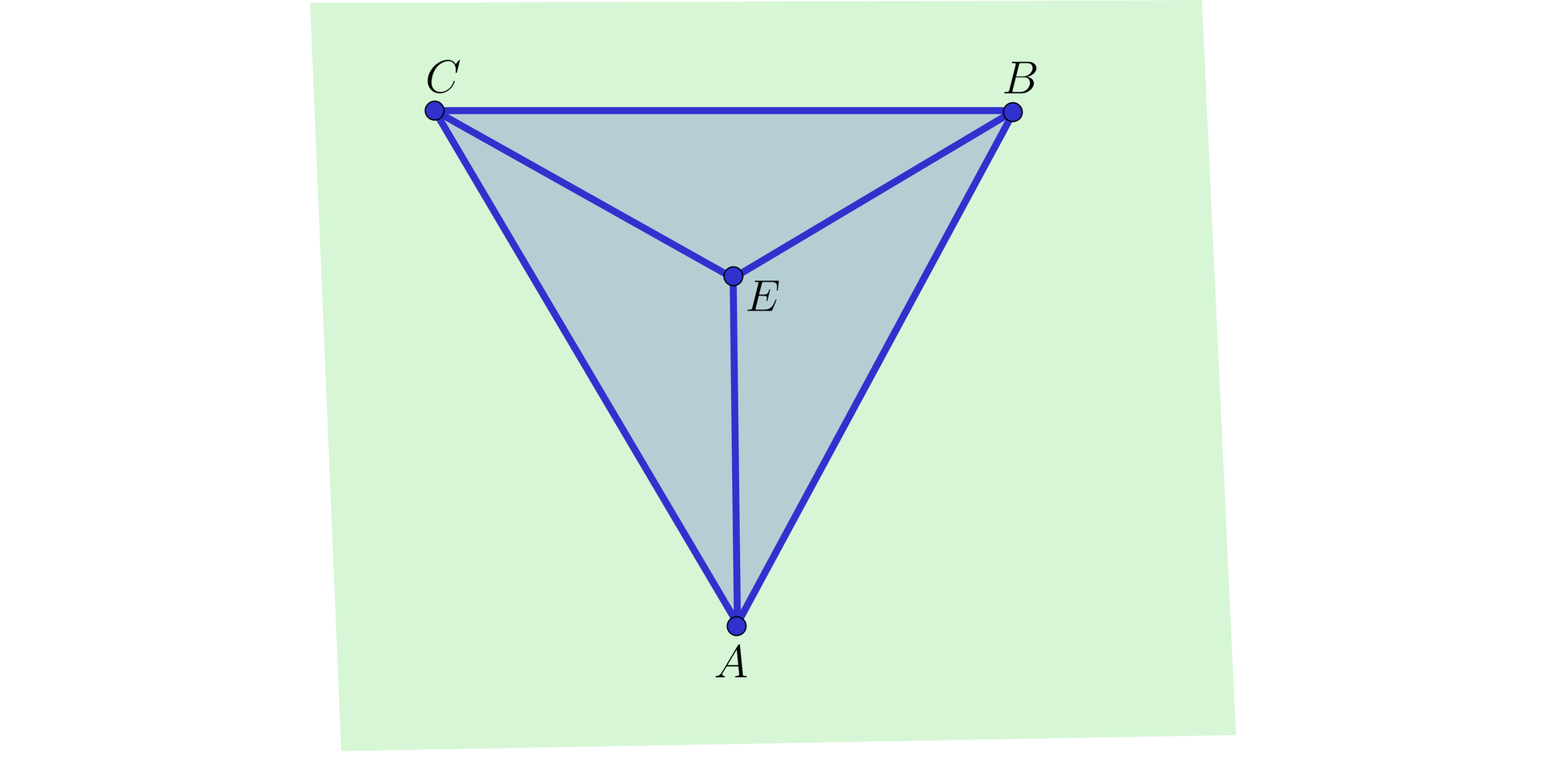 Na ilustracji przedstawiono płaszczyznę pi, na której znajduje się trójkąt ABC, stanowiący podstawę ostrosłupa oraz wewnątrz wierzchołek E.